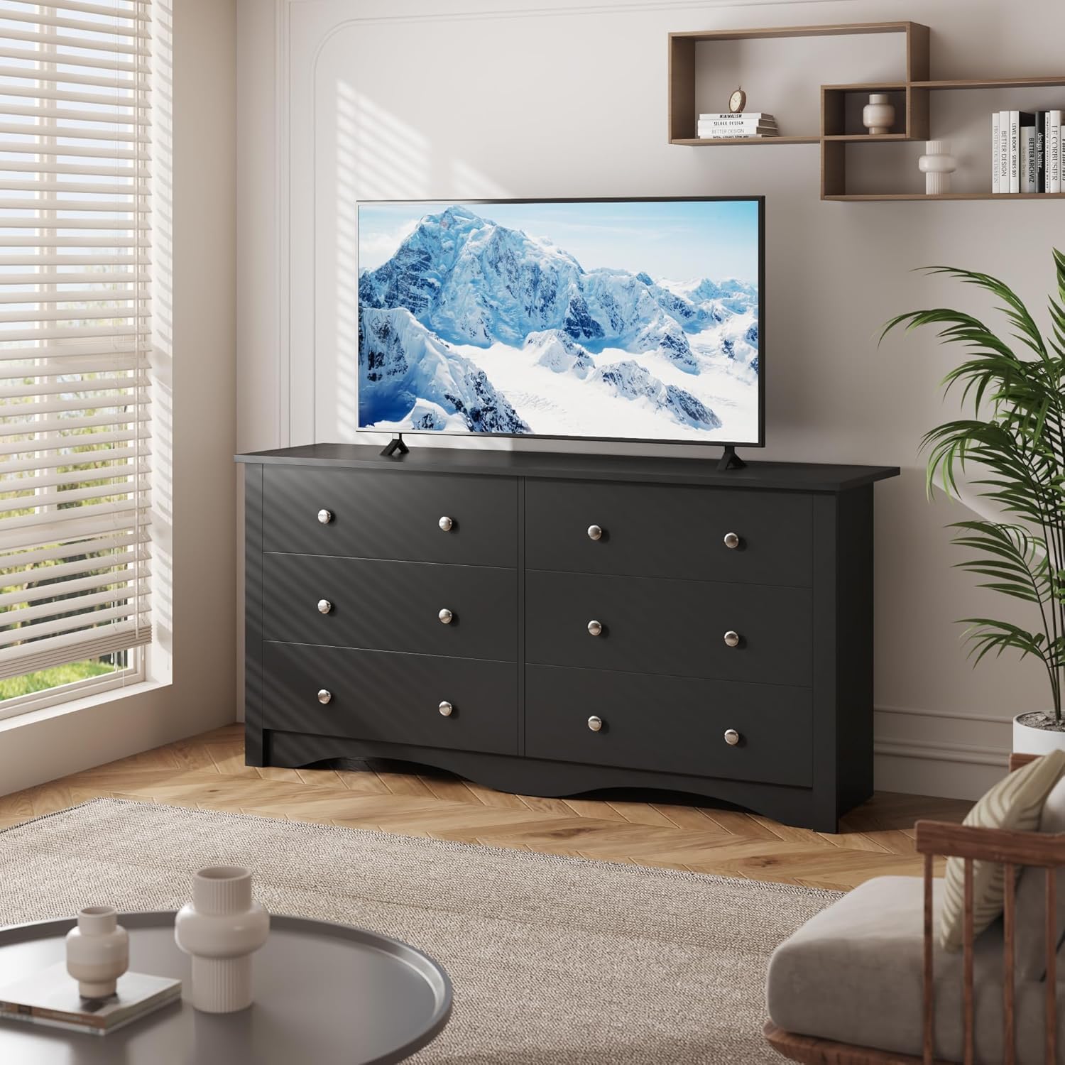 Furmax 6-Drawer Wooden Dresser for Bedroom & Living Room - 65 Inch TV Stand with Storage - Modern Chest of Drawers for Hallway, Entryway & Home Organization (Black) | Perfect for Bedroom Storage, TV Entertainment Setup & Entryway Decor