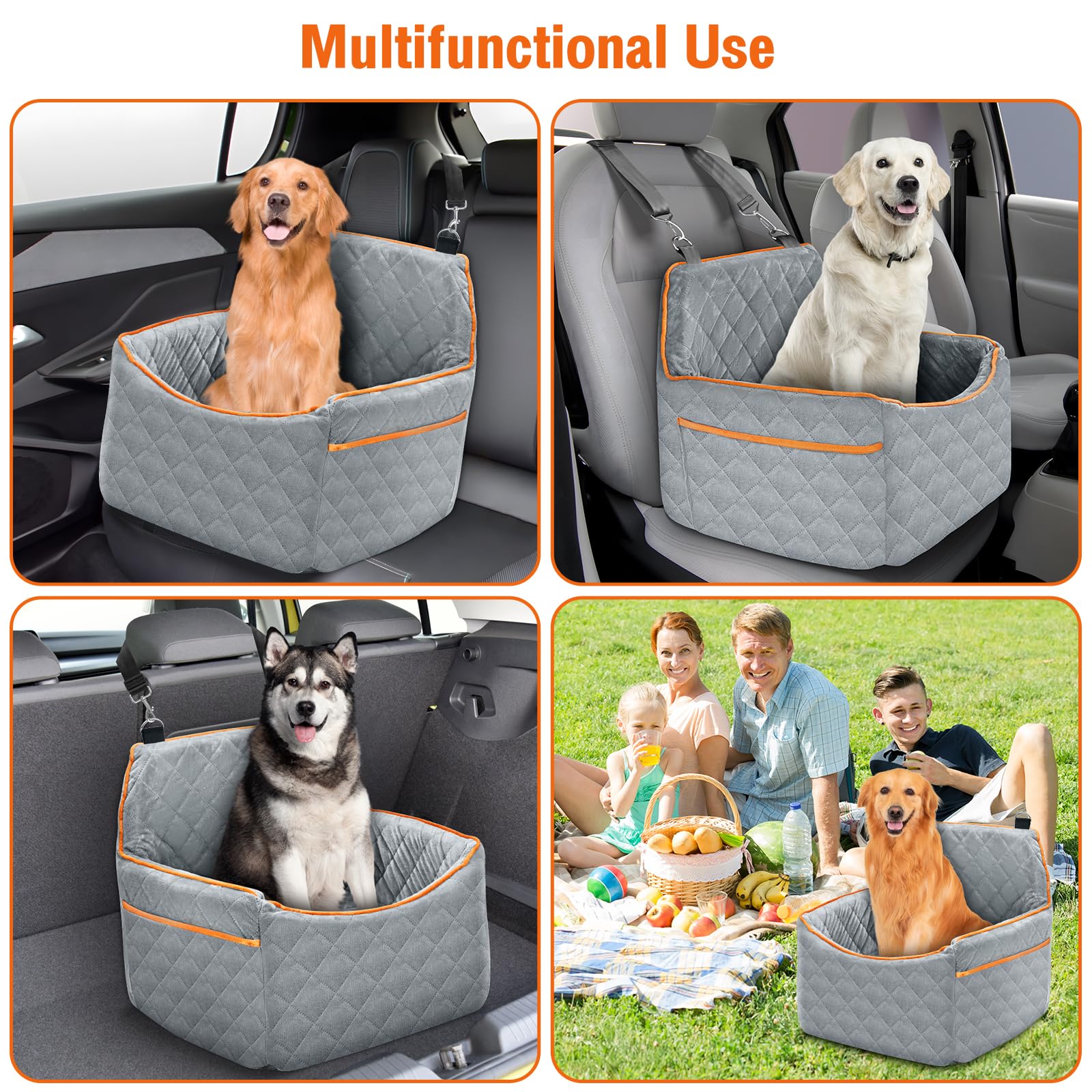 **Premium Dog Car Seat for Small & Medium Dogs - Washable Pet Booster Seat with Removable Thick Cushion, Storage Pockets & Safety Belt - Supports Up to 30lbs - Perfect for Road Trips, Travel & Daily Commutes**