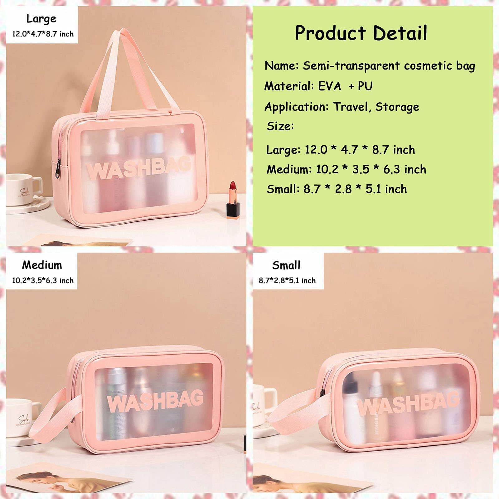 3Pcs Clear Travel Toiletry Bags - Waterproof PVC Cosmetic Organizer for Women & Men (Pink) - Perfect for Airports & Gym