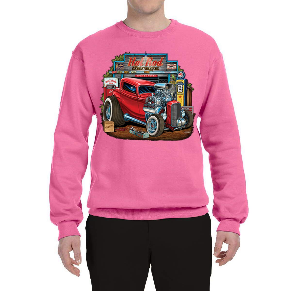 Vintage Hot Rod Graphic Sweatshirt for Men & Women - Retro Old Garage Cars and Trucks Design - Unisex Crewneck Pullover for Casual Wear, Car Enthusiasts, and Vintage Lovers