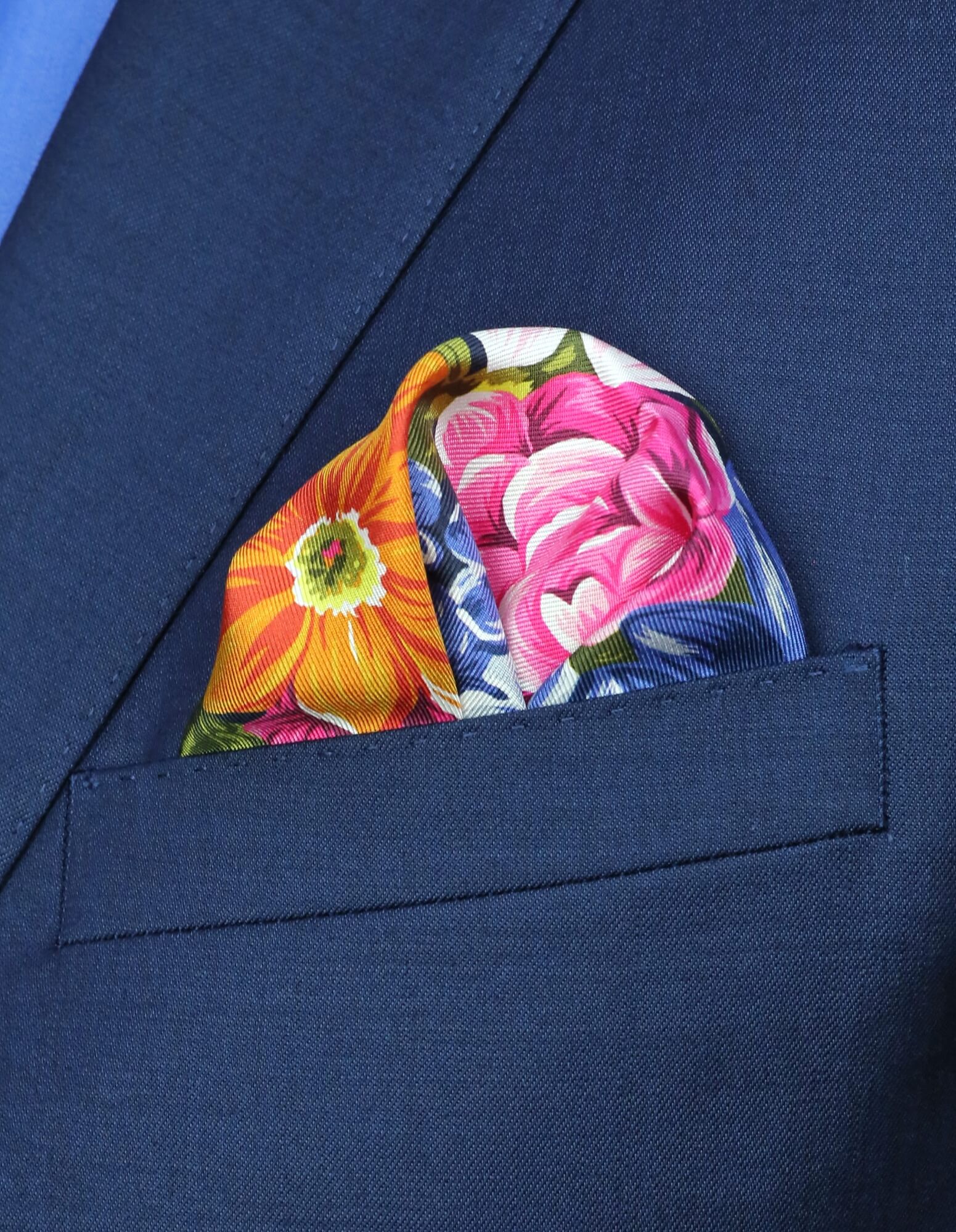 DÉCLIC Navy Blue Floral Pocket Square for Men - Elegant Silk Handkerchief for Weddings, Business & Formal Events