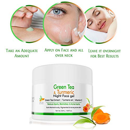 Volamena Green Tea, Turmeric & Vitamin C Night Face Gel - 50ml for Reducing Spots, Blemishes & Acne Marks | Brightening & Anti-Aging Skincare | Perfect for Nighttime Routine & Sensitive Skin Care