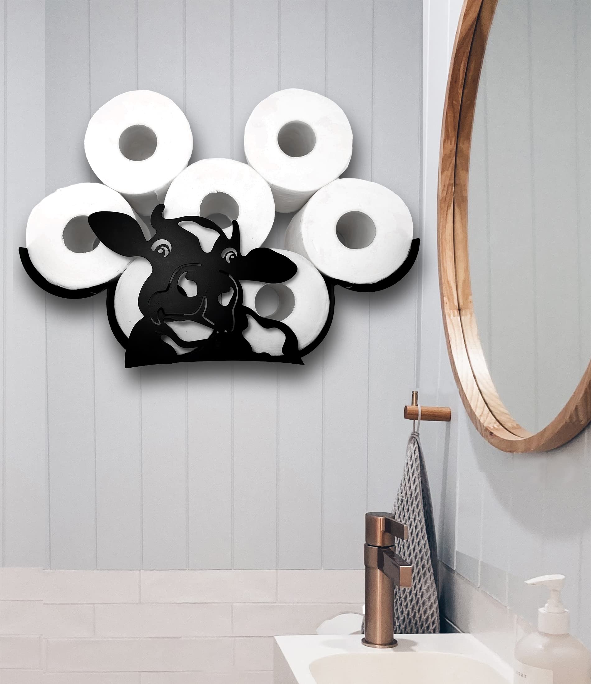 Black Metal Cow Wall-Mounted Toilet Paper Holder - Animal-Themed Bathroom Decor - Cute Toilet Tissue Storage Organizer with 8-Roll Capacity - Perfect for Farmhouse, Rustic, and Country Style Bathrooms