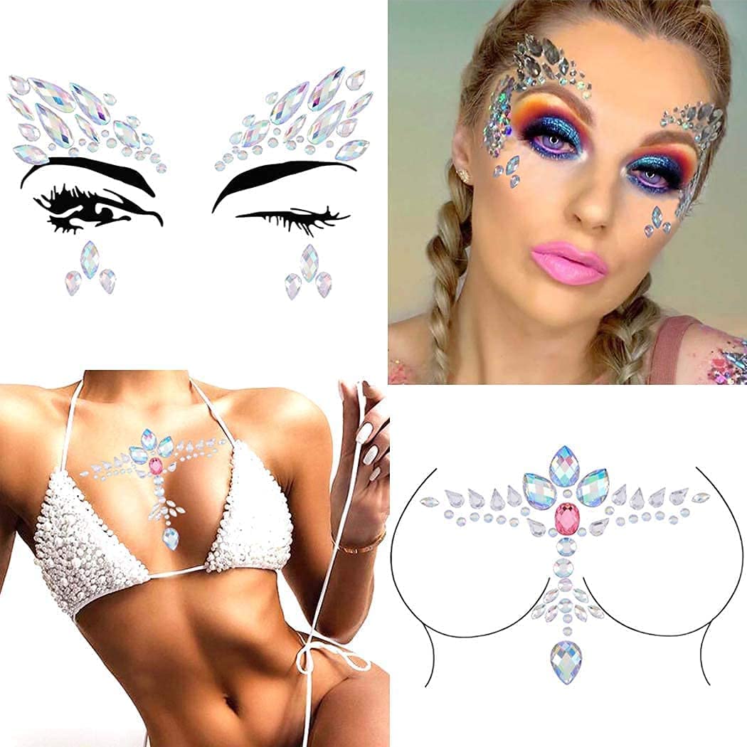 Sparkling Rhinestone Face Gems - Self-Adhesive Body Jewels for Rave, Festival & Party Makeup (2PCS) | Perfect for Mermaid Themes, Cross Chest Designs & Eye Decorations - Women & Girls Face & Body Art Accessories