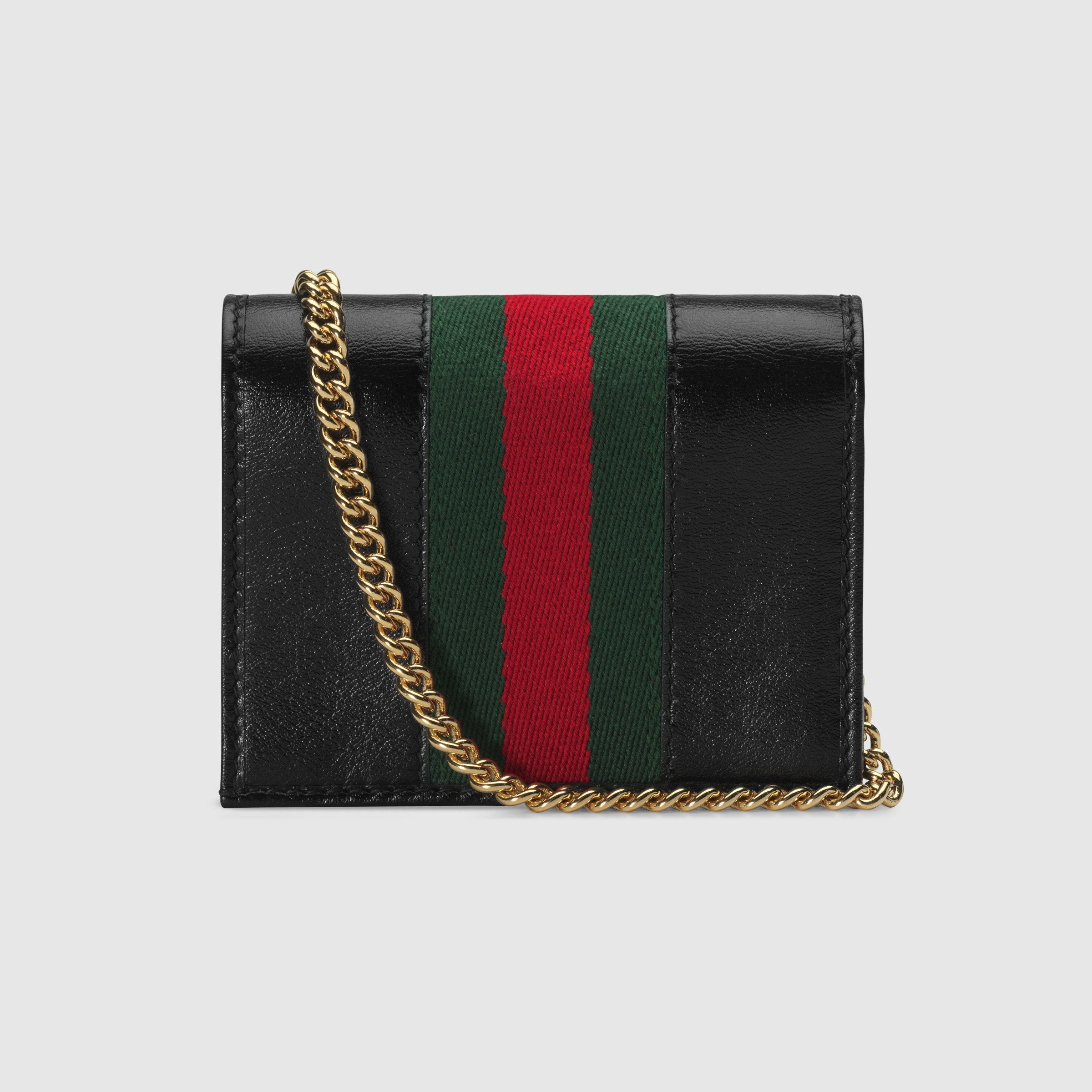 Gucci Rajah Chain Card Case Wallet for Women - Black Leather Credit Card Holder with Detachable Chain - Perfect for Parties, Travel & Everyday Use