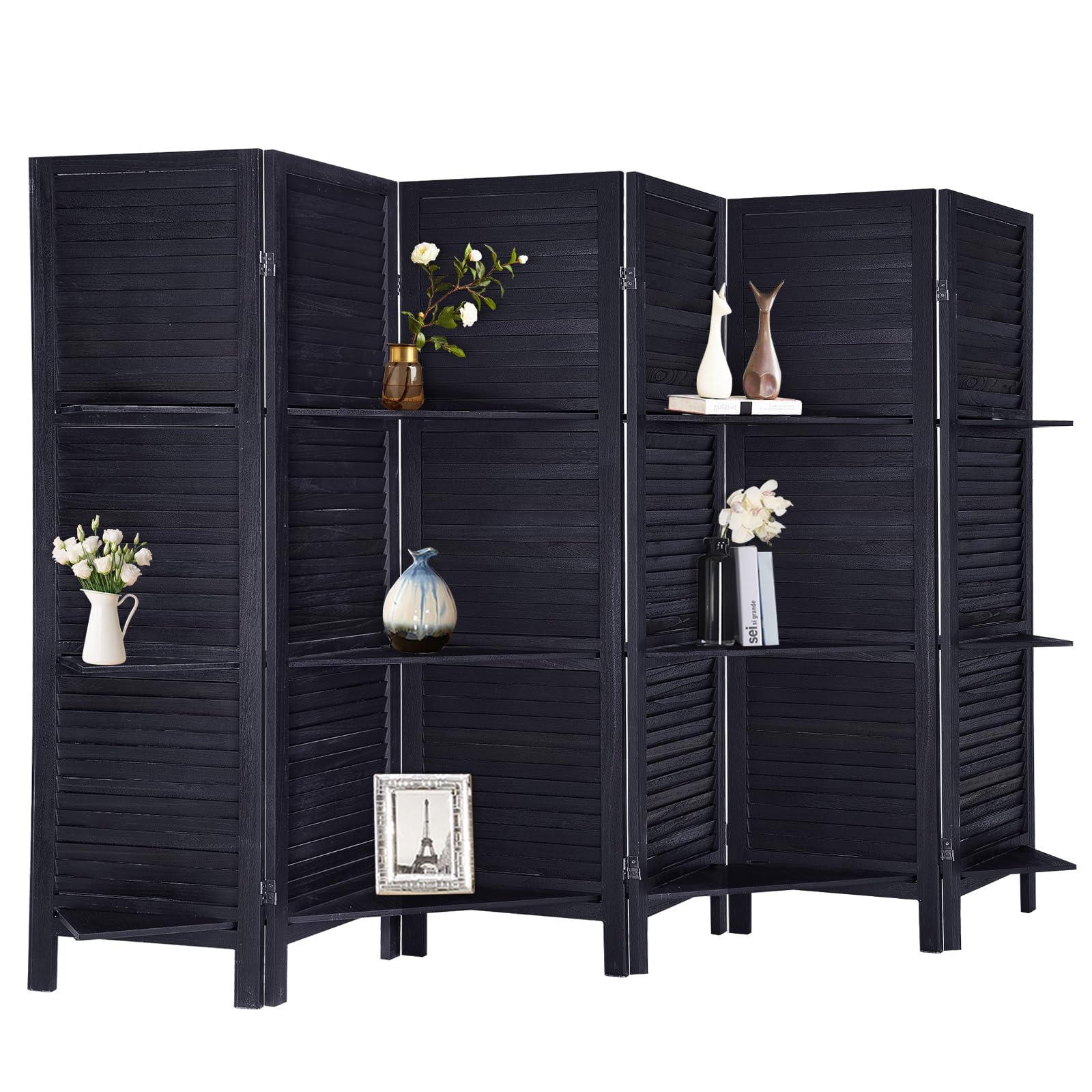 6 Panel Wood Room Divider - 5.6 Ft Tall Folding Privacy Screen with Shelves | Black Partition Wall for Home Office, Bedroom & Living Room | Space Separator for Privacy & Organization