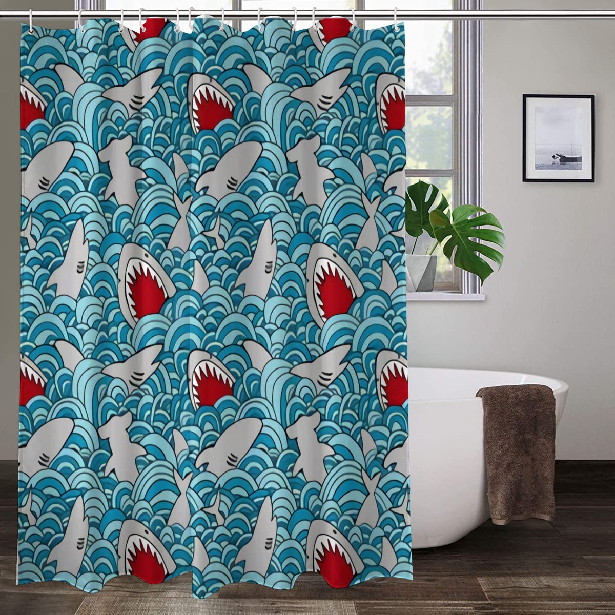 Shark Attack Farmhouse Style Bathroom Shower Curtain - 72x72 Inch Waterproof Fabric with Rust-Resistant Hooks - Perfect for Coastal, Nautical or Kids' Bathroom Decor