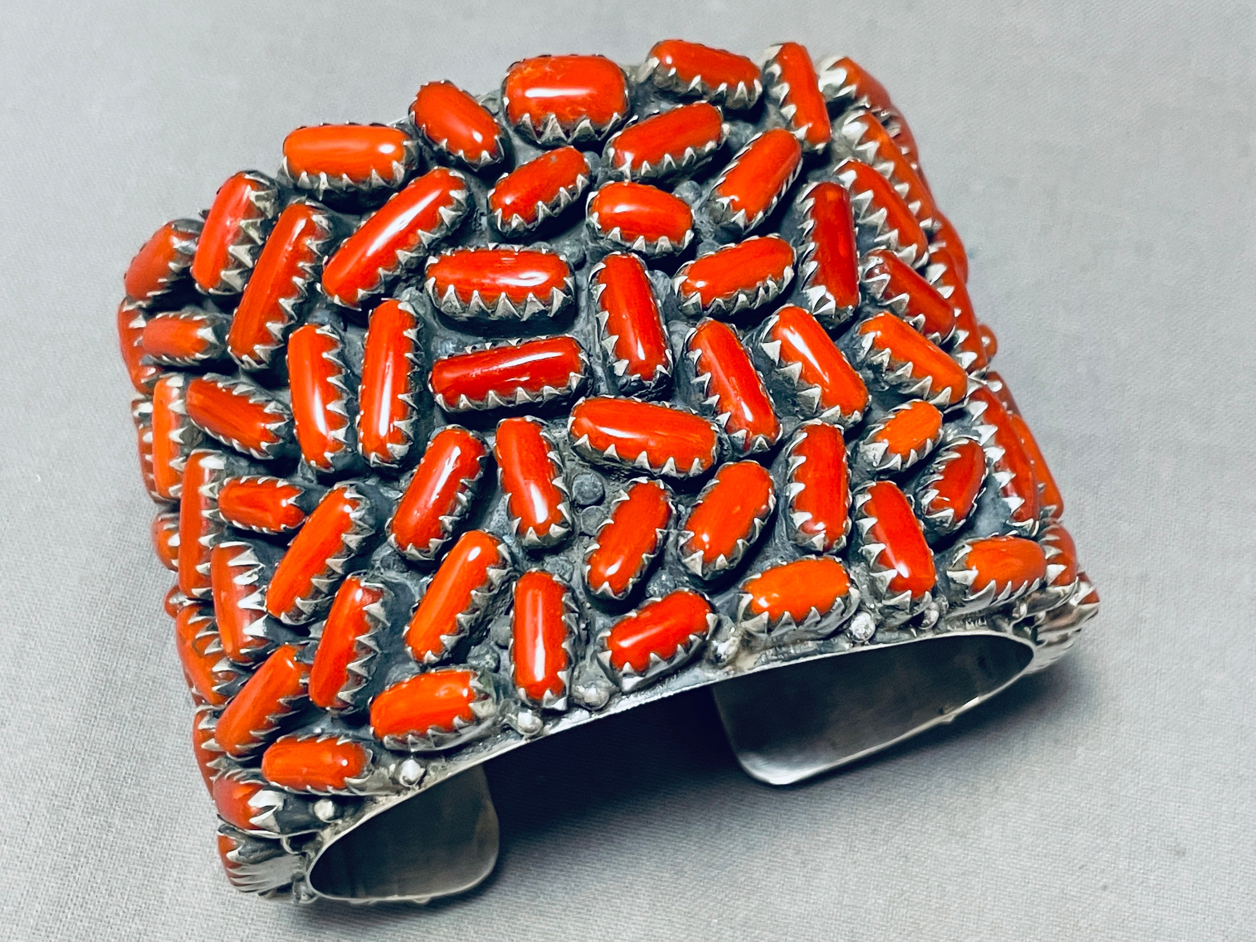 154 Gram Chunky Coral Native American Navajo Sterling Silver Wide Bracelet Cuff - Handmade Southwest Jewelry for Women, Boho Fashion Accessory, Perfect for Festivals & Special Occasions
