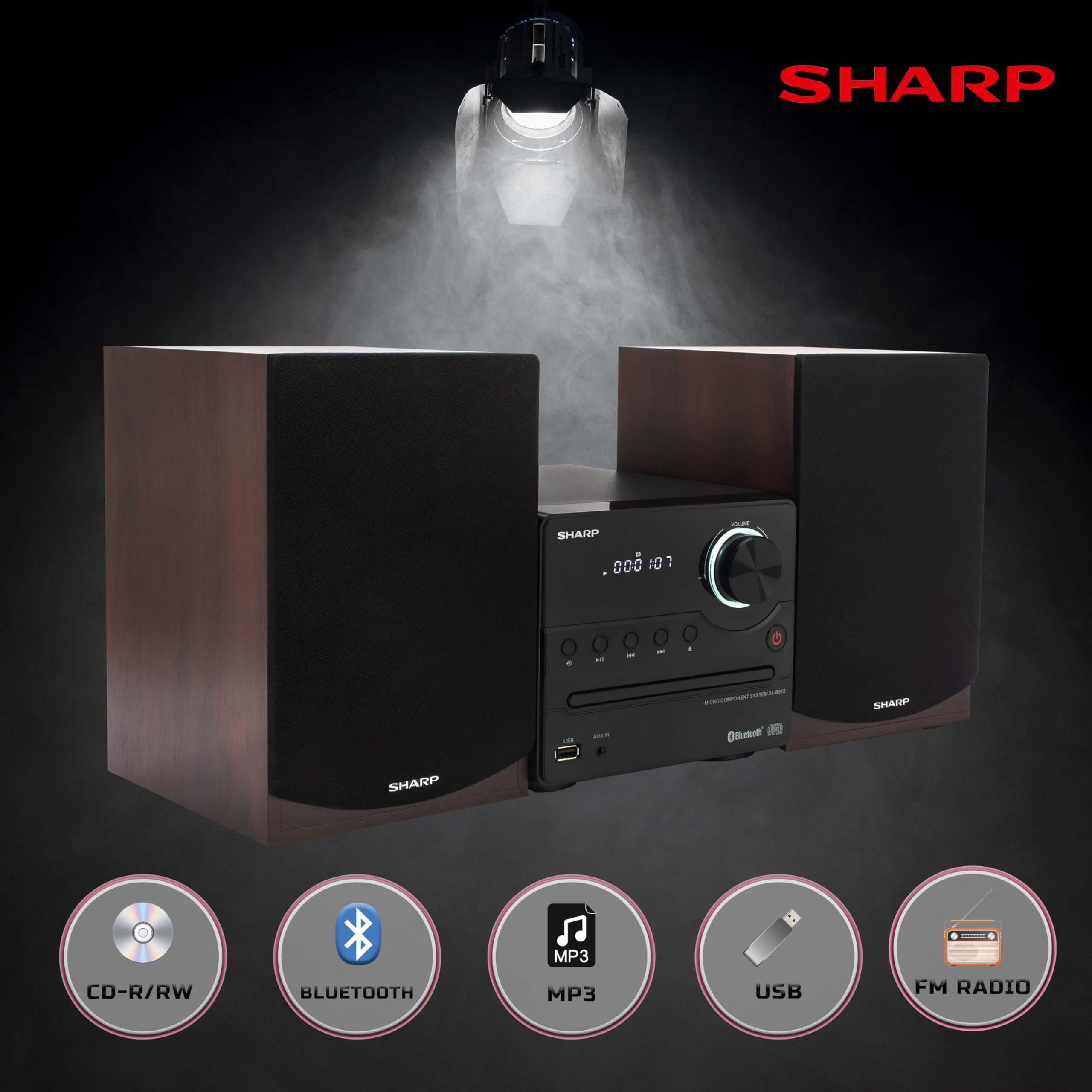 Sharp XL-B512 Wireless Bluetooth CD Player with Wood Speaker System - USB Port, MP3 Playback, FM Stereo Tuner, Aux Input (Mahogany Oak) - Perfect for Home Audio Streaming & Entertainment