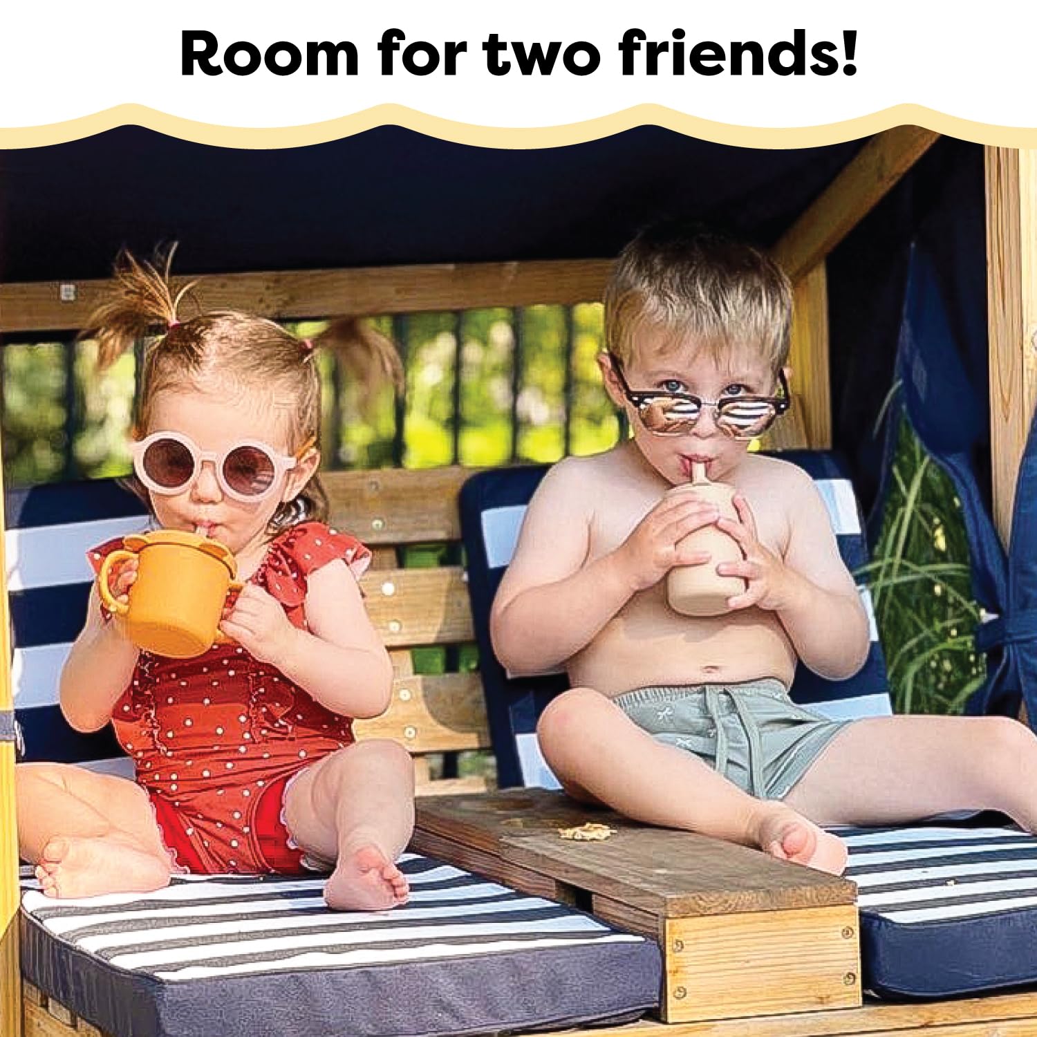 KidKraft Wooden Outdoor Double Chaise Lounge for Kids with Cup Holders - Patio Furniture Set with Navy & White Striped Fabric - Perfect Gift for Ages 3-8 - Ideal for Backyard, Poolside & Outdoor Play Areas