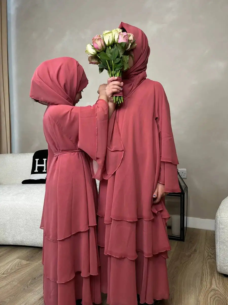 3 Layer Chiffon Muslim Mother Daughter Matching Abaya Dress with Hijab Scarf - Elegant Islamic Clothing for Women & Girls, Perfect for Eid, Prayer, Wedding & Special Occasions
