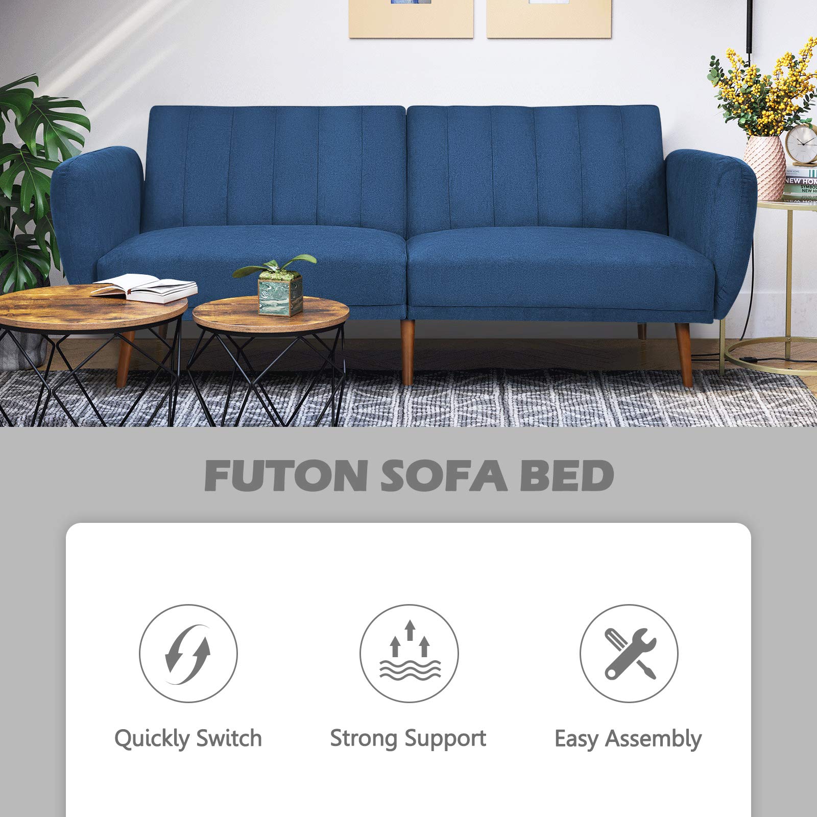 POWERSTONE Convertible Futon Sofa Bed - Modern Sleeper Sofa with Adjustable Backrest & Armrests, Navy Fabric Couch for Living Room, Office, Guest Room | Space-Saving Multi-Functional Furniture for Small Apartments & Home Decor