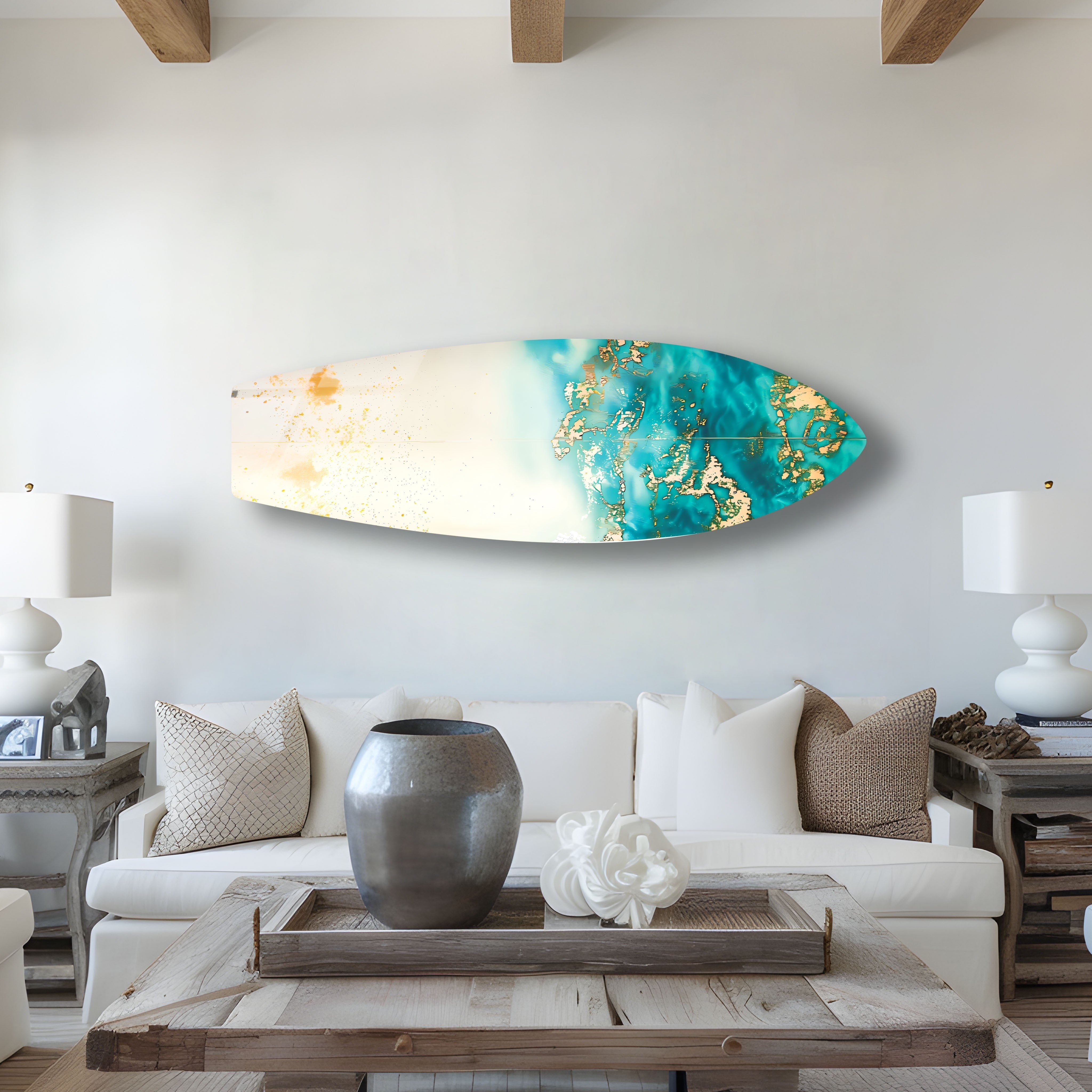 Blue Abstract Golden Details Surfboard Wall Art - Coastal Decor for Beach House, Living Room & Bedroom - Perfect Surfing Theme Home Decoration