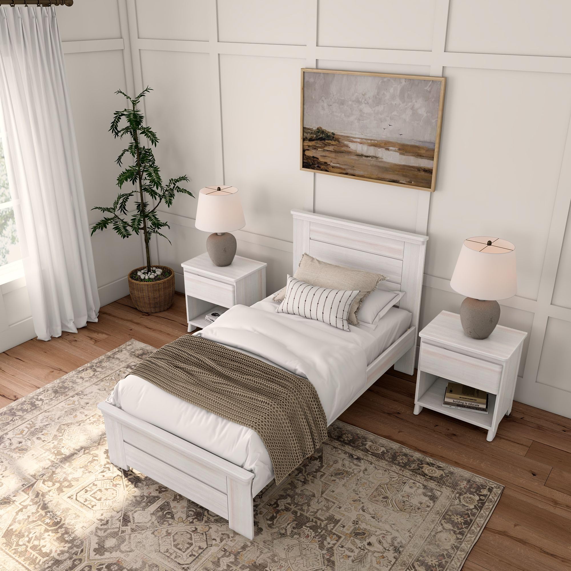 Rustic Wood Twin Bed Frame with Headboard - Solid White Wash Platform Bed for Kids & Guest Rooms - Durable & Stylish Bedroom Furniture for Cozy Spaces