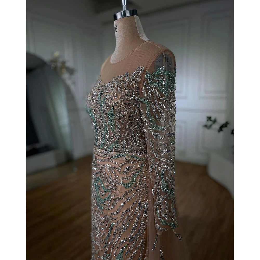 Elegant Muslim Mermaid Evening Gown with Beaded Overskirt & High Slit - Long Formal Dress for Women - Wedding, Prom, Gala & Special Occasions - Serene Hill Collection LA71995