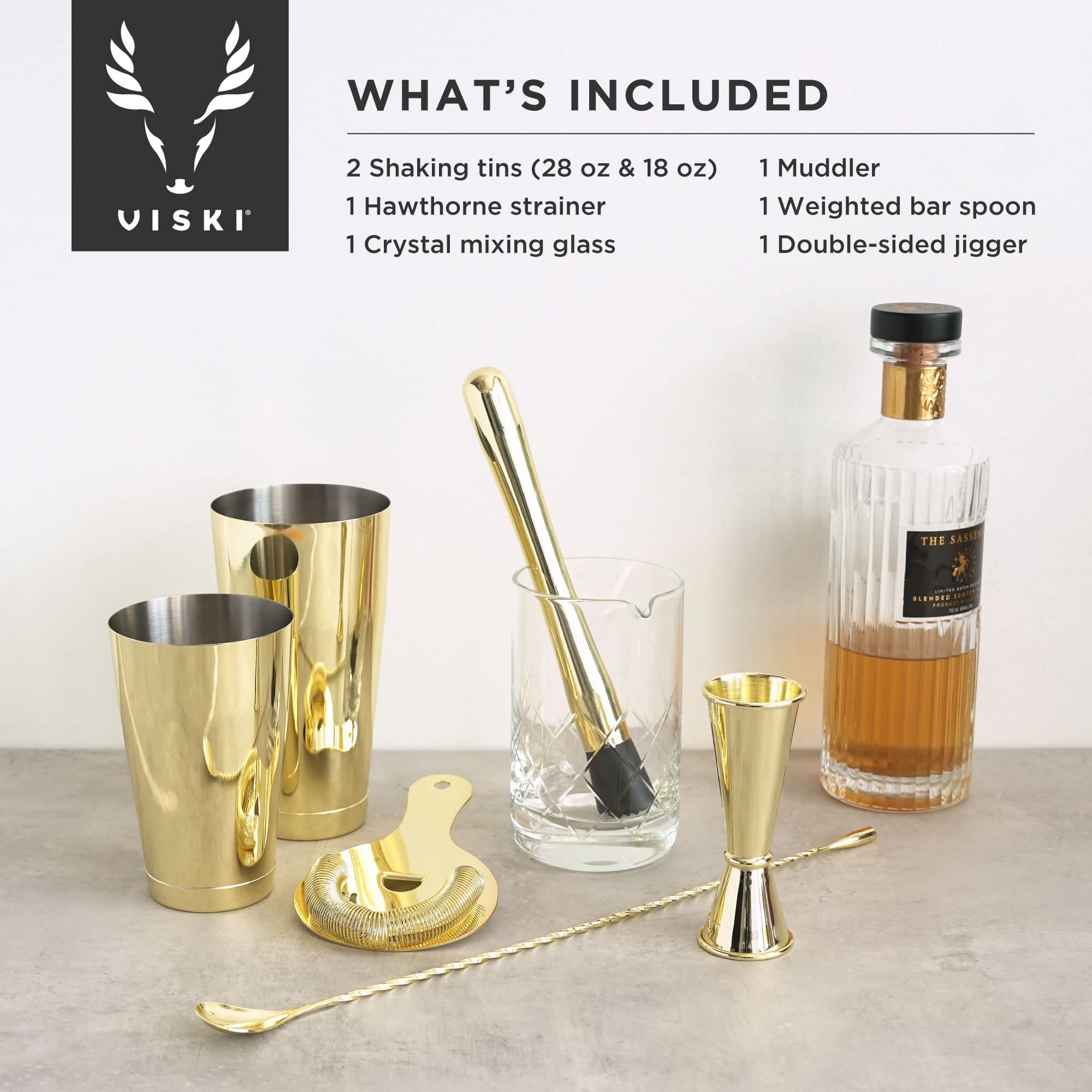 Premium Viski Gold Cocktail Shaker Set - 7-Piece Stainless Steel Bar Tools Kit with Mixing Glass, Bar Spoon & Bartender Accessories - Perfect for Home Bars, Parties & Professional Mixology