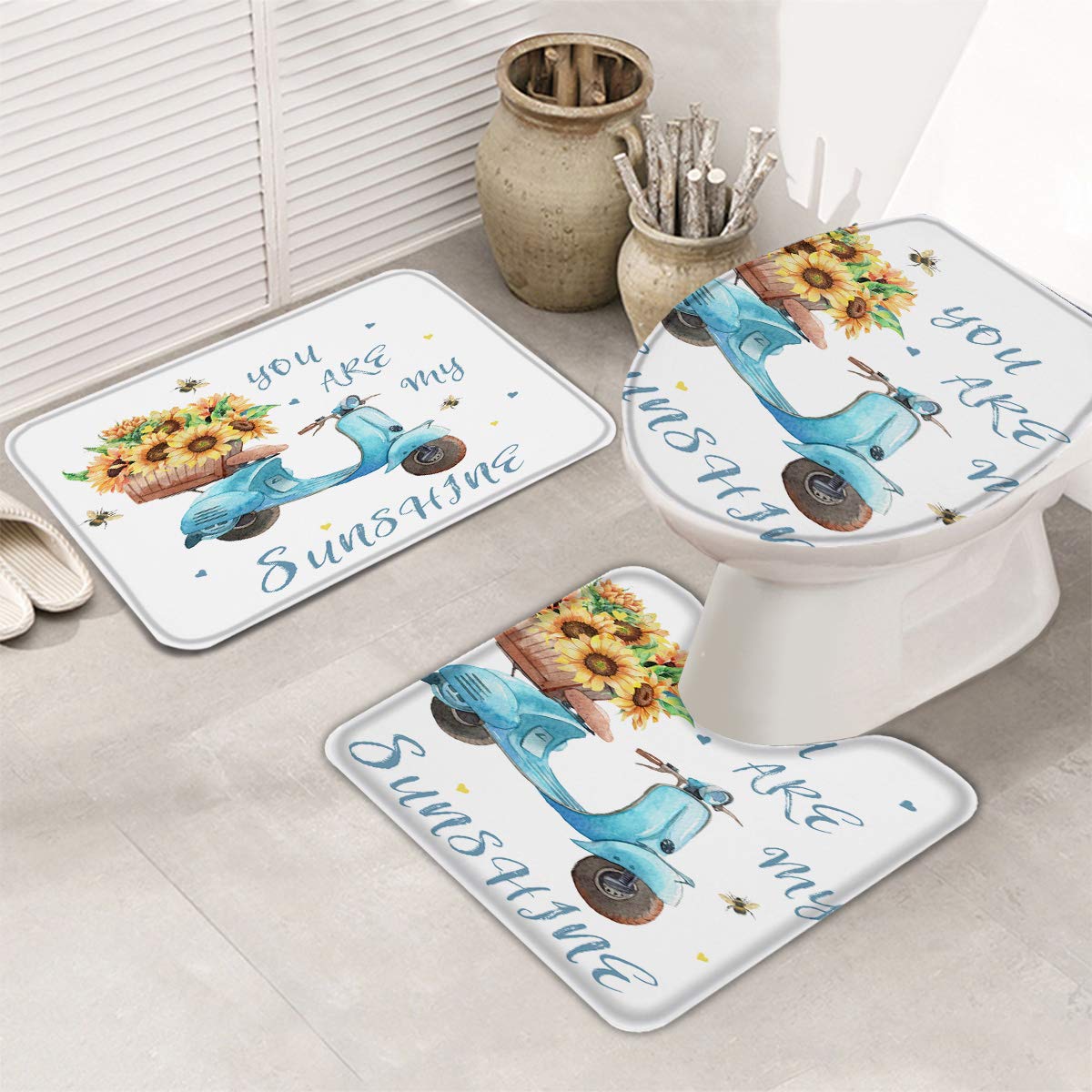 DoremiHome 3-Piece Sunflower Bathroom Rug Set - Non-Slip Bath Mat, Contour Mat & Toilet Lid Cover - Blue Motorcycle with Sunflowers Design - Perfect for Bathroom Safety and Decor