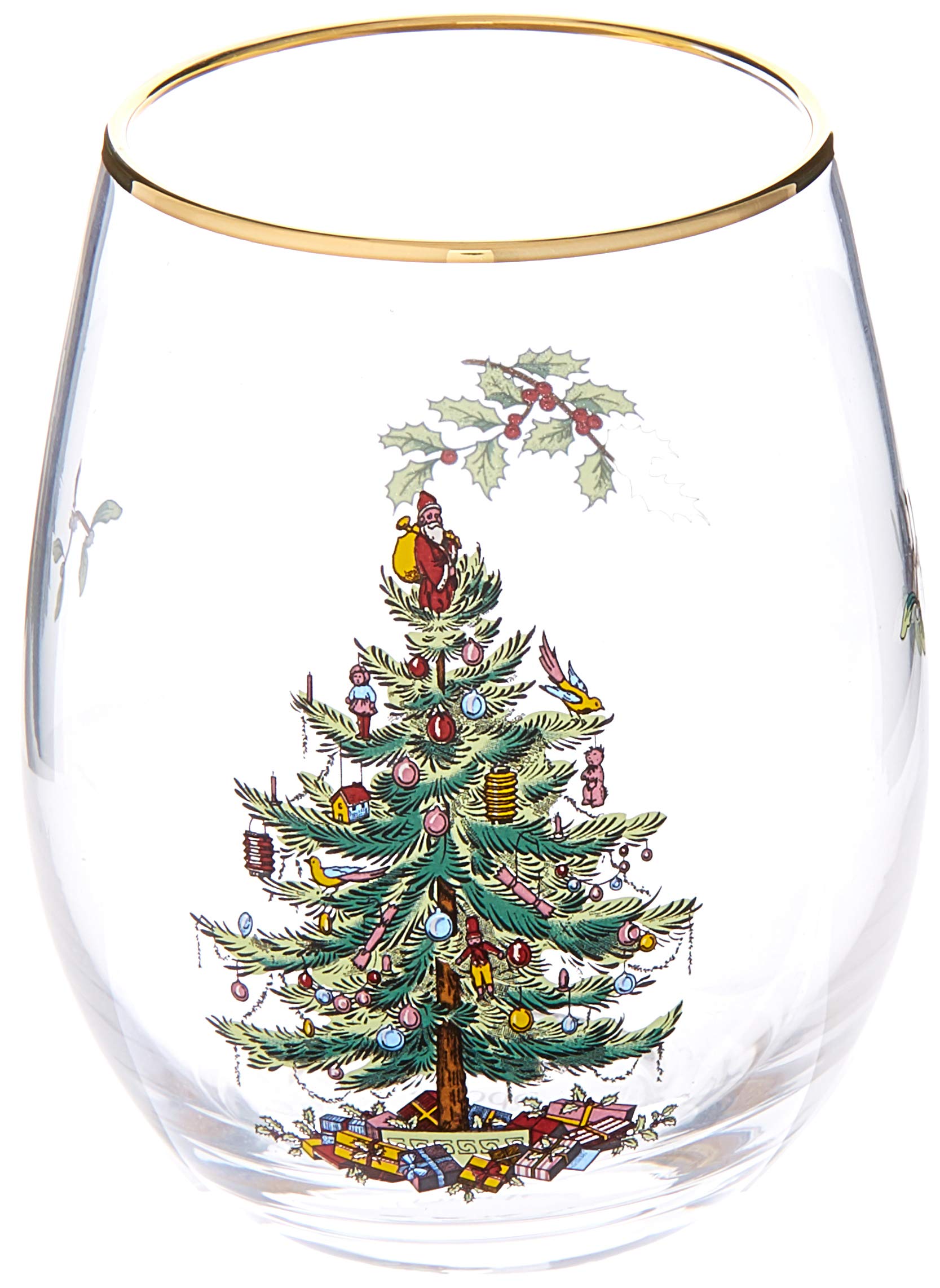 Spode Christmas Tree Stemless Wine Glasses Set of 4 - Holiday Party Drinkware for Christmas Dinner, Festive Celebrations & Gift Giving