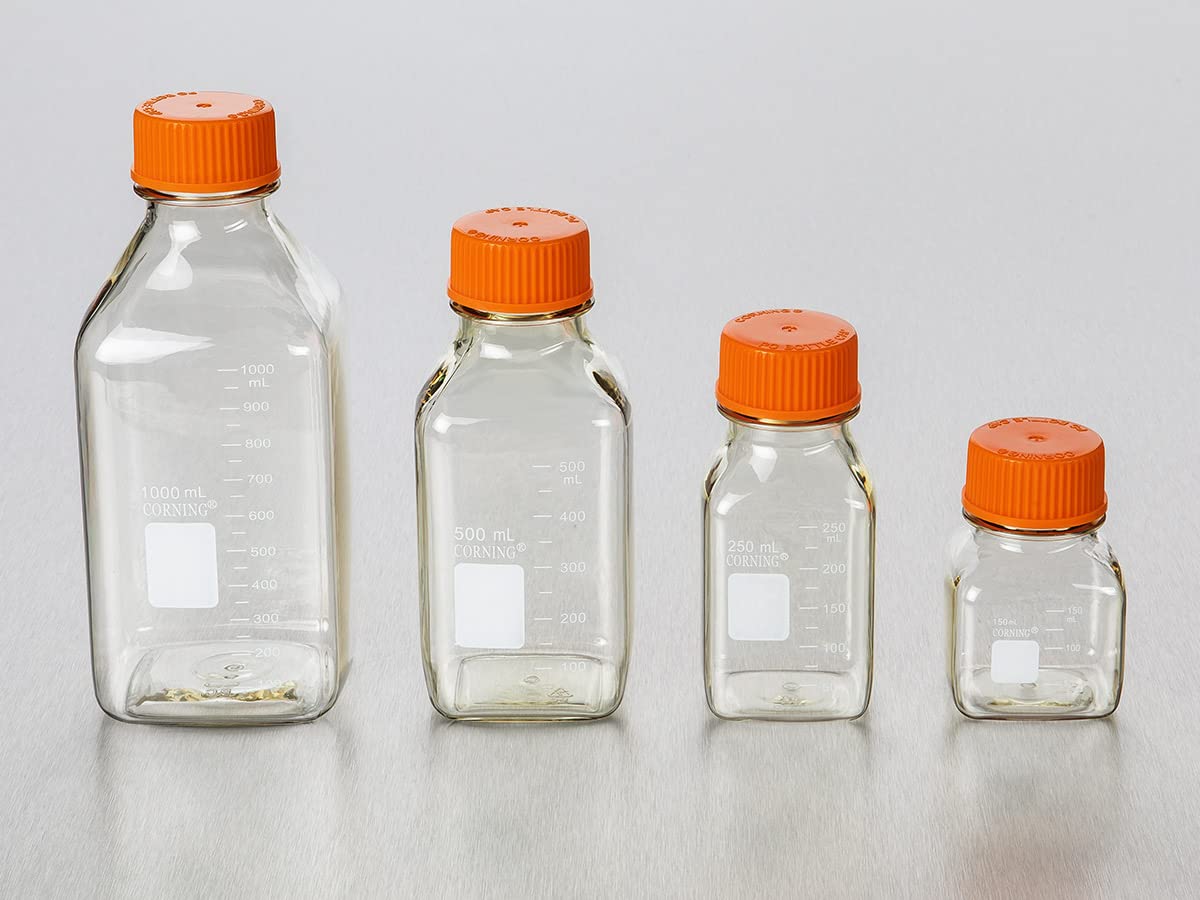Corning 431431 Polycarbonate Square Media Storage Bottles with 45mm Screw Caps, 250ml (24-Pack) - Ideal for Lab, Chemical Storage & Sample Preservation