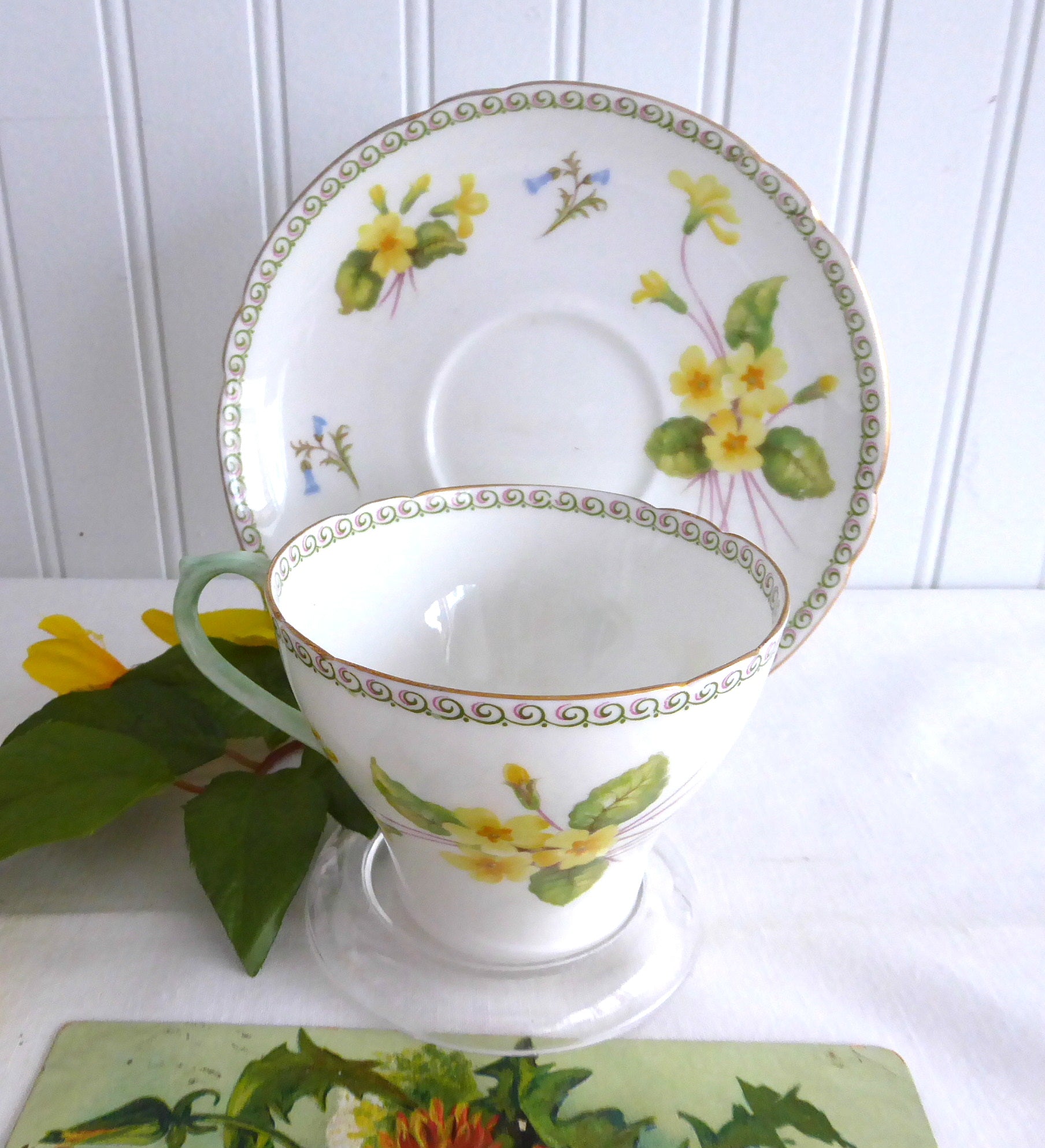 Vintage Shelley Primrose Cambridge Cup and Saucer Set with Green Handle & Gold Trim - 1950s English Fine China for Afternoon Tea & Collectible Display