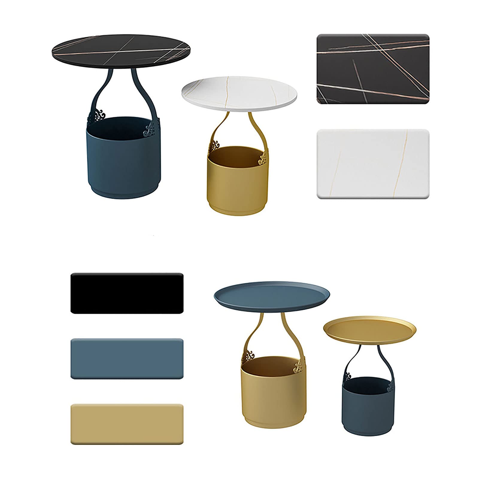 Nordic Modern Luxury Flower Basket Shape Coffee Table Set - Tall & Short Round Side Tables with Marble Gold Metal Base for Living Room, Bedroom, Office Decor