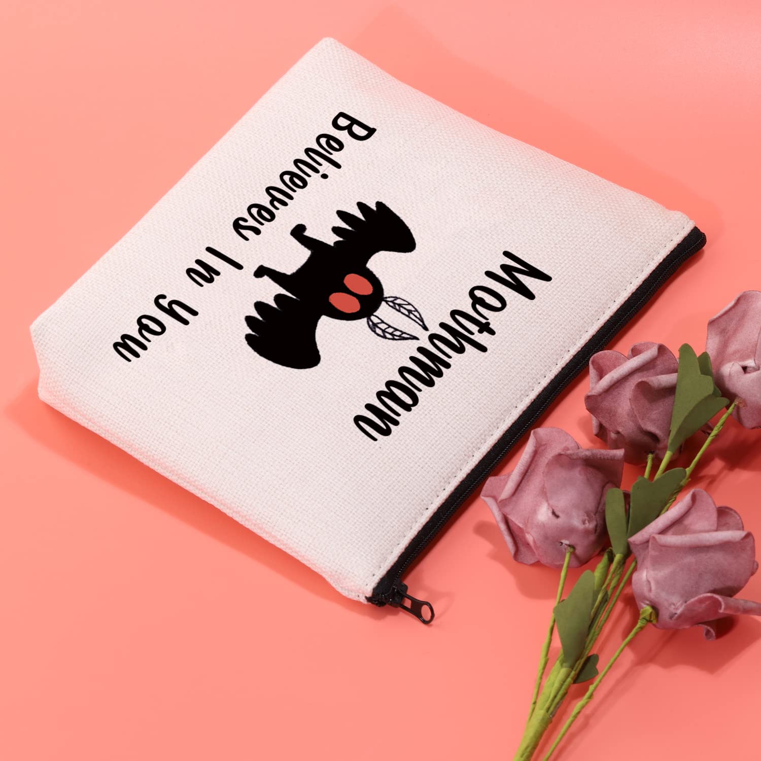 Funny Cryptid Mothman Makeup Bag - Mothman Believes In You - Unique Mothman Folklore Book Lover Gift for Cryptozoology Fans - Perfect for Cosmetics, Travel & Gothic Themed Parties