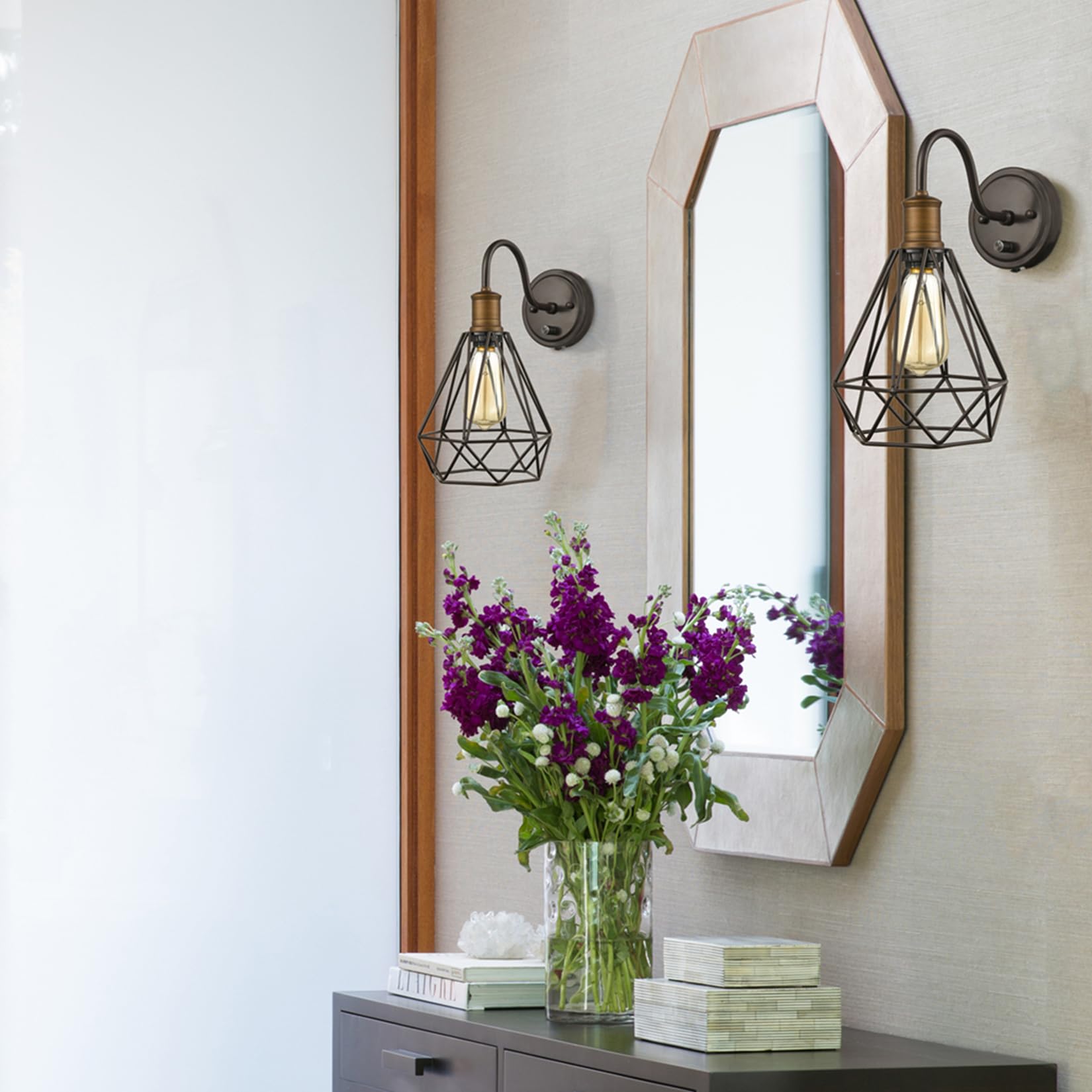 DAYCENT Set of 2 Industrial Wall Sconces - Oil Rubbed Bronze Gooseneck Farmhouse Lighting with On/Off Switch & Polygon Cage Design - Perfect for Bedroom, Living Room, Hallway & Entryway Lighting