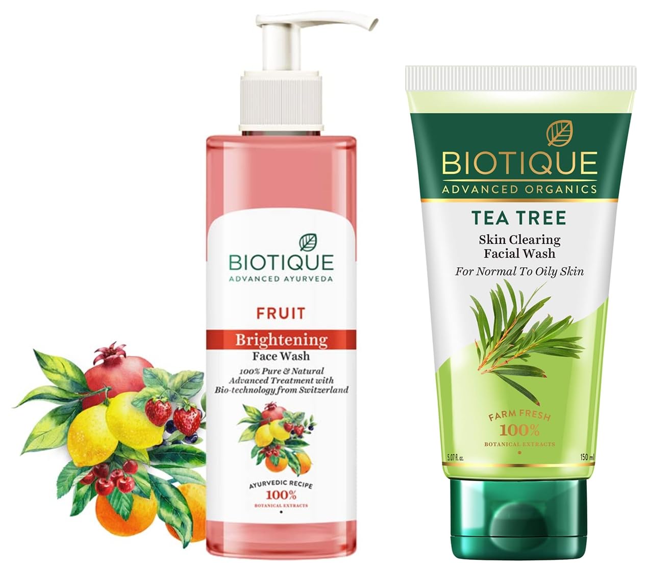 Biotique Fruit Brightening Face Wash 200ml & Tea Tree Skin Clearing Face Wash 150ml for Acne, Pimples - Paraben & SLS Free Skincare Set for Normal to Oily Skin | Daily Cleansing Routine, Morning & Night Use for Clear, Glowing Complexion