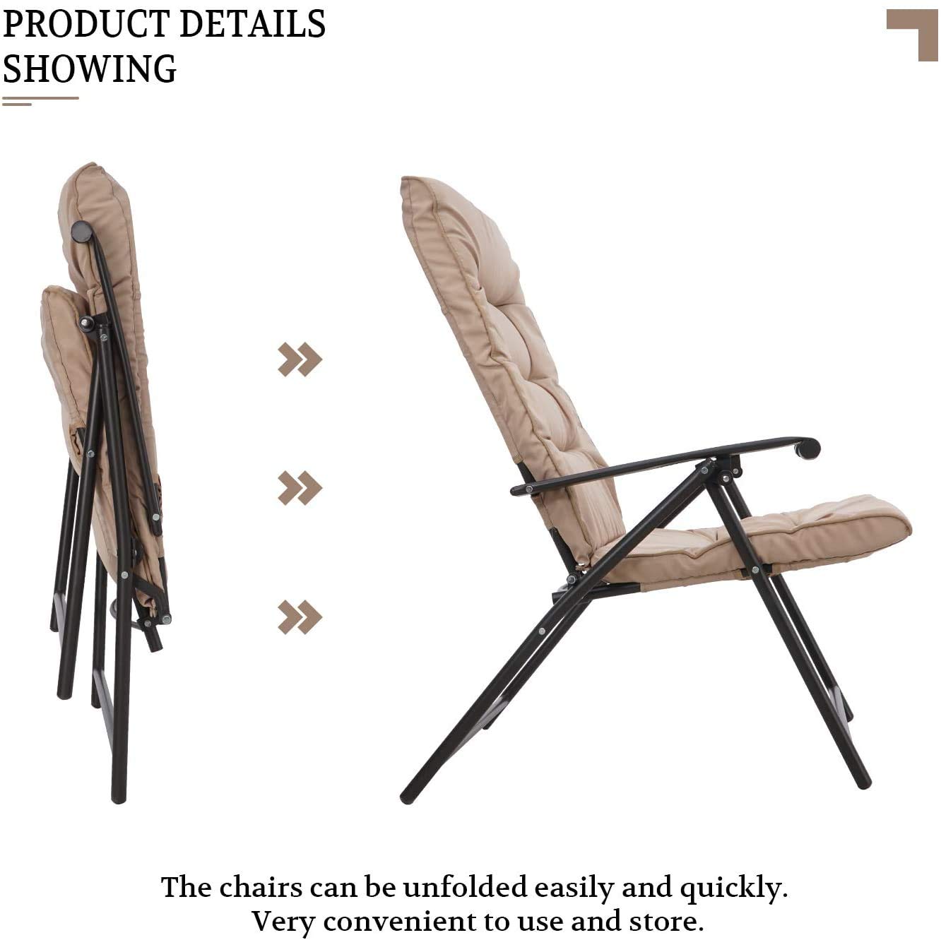 3-Piece Patio Folding Bistro Set - Outdoor Metal Adjustable Recliner Furniture with 2 Foldable Padded Chairs & Coffee Table - Perfect for Balcony, Backyard, Porch, Garden & Poolside (Beige)