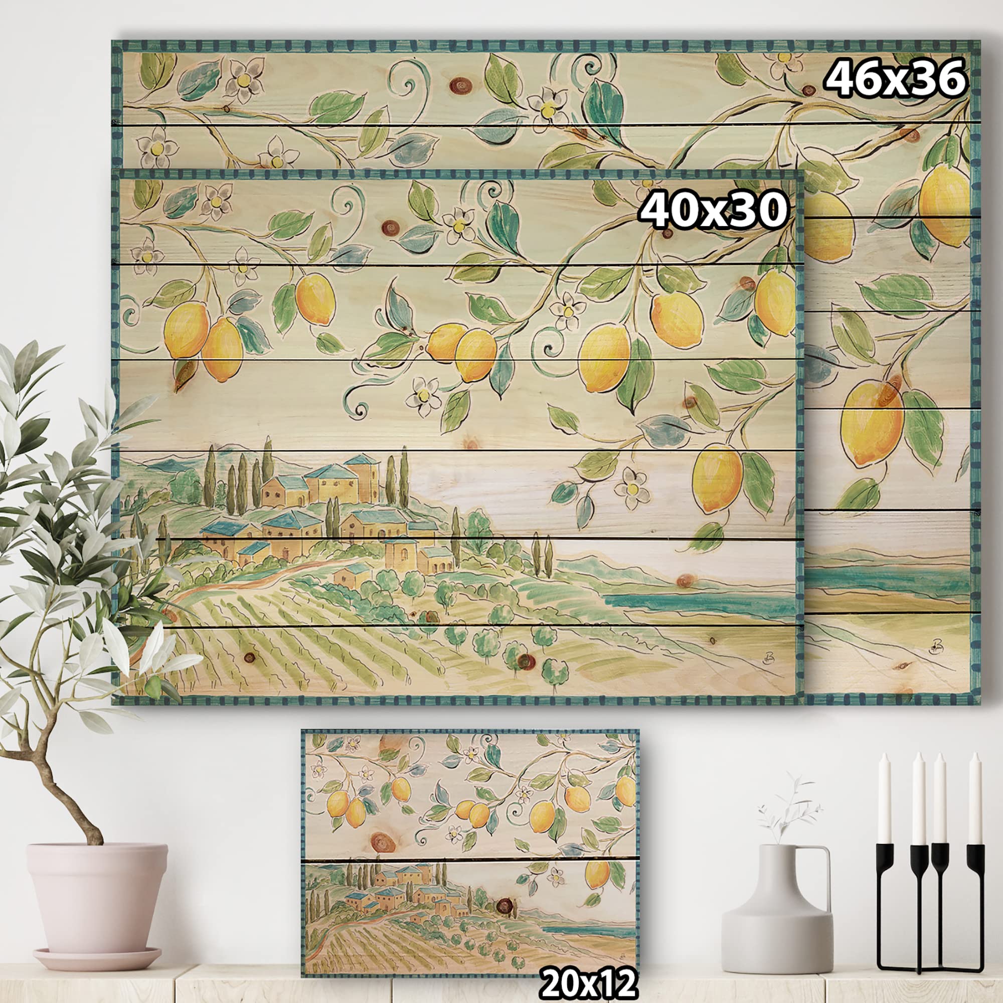 DesignQ Mediterranean Village Farmhouse Wood Wall Decor - Yellow Wood Wall Art for Kitchen & Dining Room - Large Food & Beverage Themed Pine Wood Panels - Rustic Home Decor for Restaurants, Cafes & Farmhouse Style Interiors