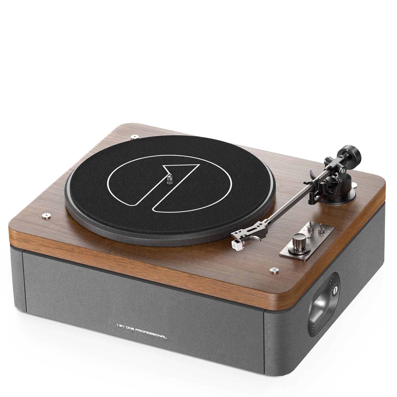 1 by ONE Wireless Bluetooth Record Player with Built-in 4 Hi-Fi Stereo Speakers - 33/45 RPM Dual Speed Turntable with Magnetic AT-3600L Cartridge & RCA Output - Vintage Walnut Wood Design for Home, Office and Gift Giving
