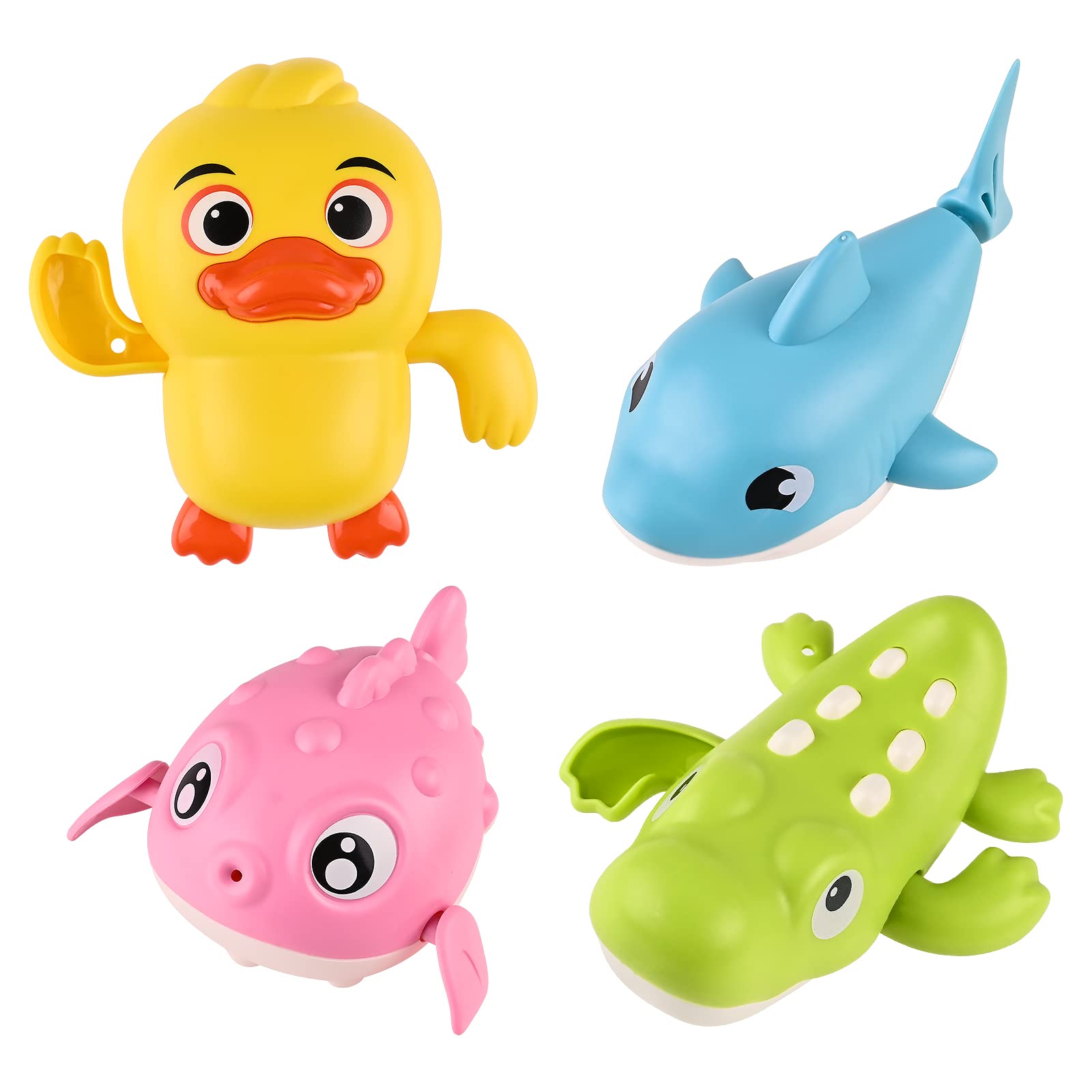 4 Pack Wind Up Bath Toys for Babies & Toddlers - Floating Duck Fish Pool Toys for 1 2 3 4 Year Old Boys Girls - Bathtub Swimming Water Play Fun - Perfect for Bath Time, Pool Parties & Sensory Play