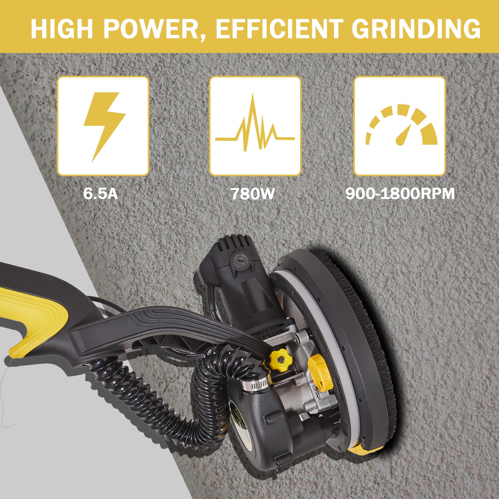 780W Electric Drywall Sander with Vacuum Dust Collection - 6.5A Dustless Floor Sander, Variable Speed 900-1800RPM, LED Light & Extendable Handle - Perfect for Drywall Repair, Home Renovation and Professional Construction Projects