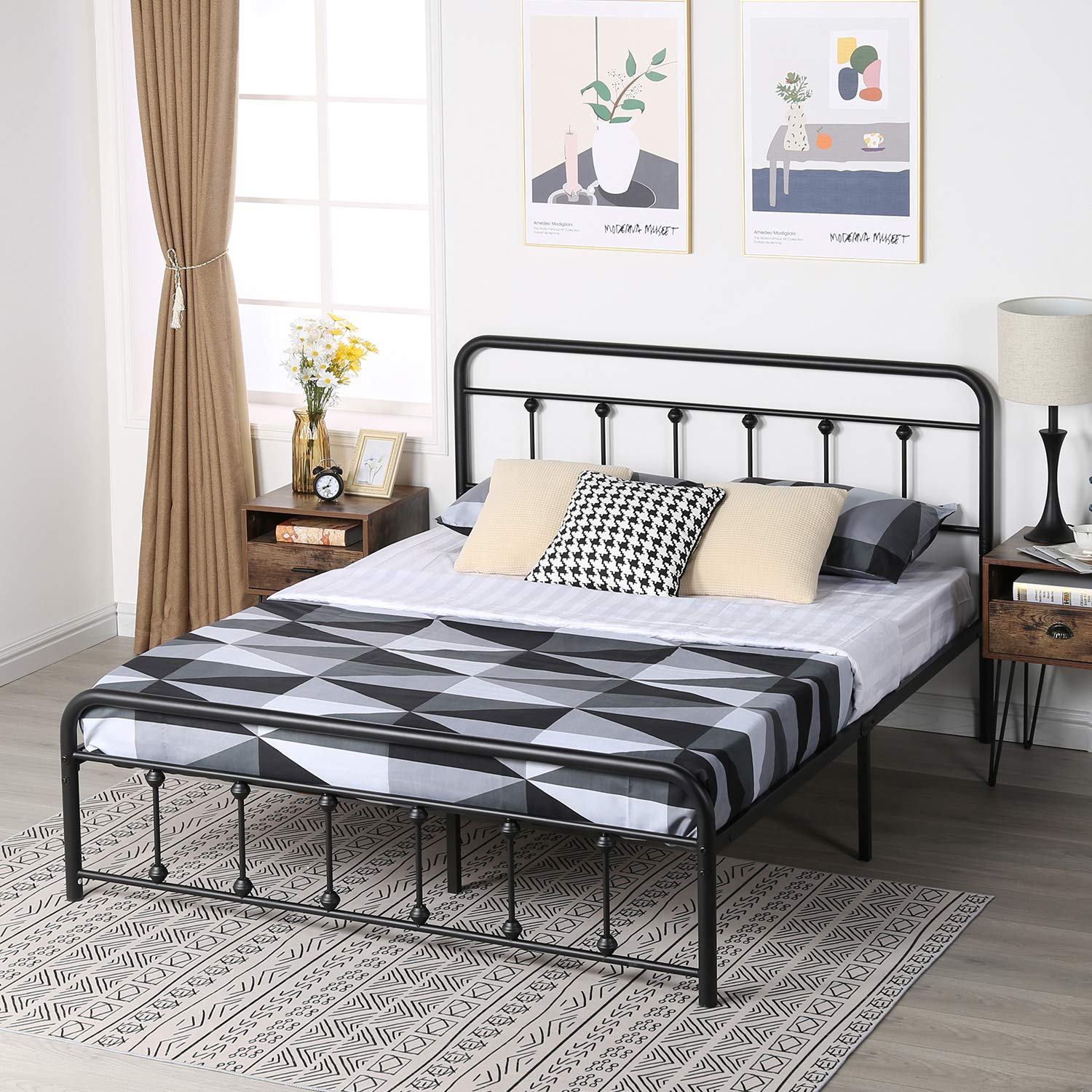 VECELO Full Size Victorian Style Metal Bed Frame with Headboard & Footboard - Classic Platform Bed Frame with Under Bed Storage, No Box Spring Needed - Dark Black Finish for Vintage Bedroom Decor