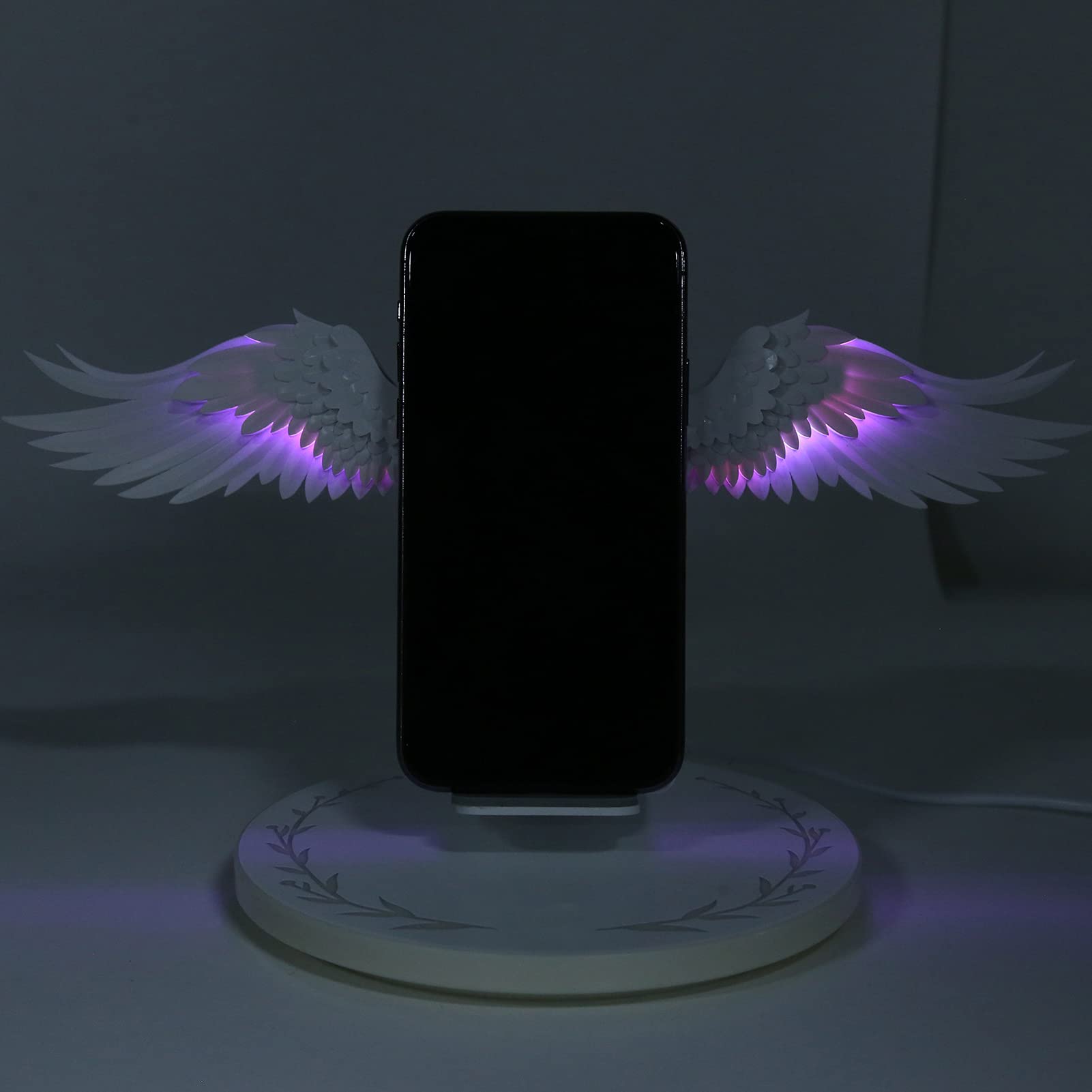 10W Fast Wireless Charging Stand with Angel Wing Design - 7 Color LED Light, Overload Protection, Qi-Certified for iPhone 15/14/13/12, Samsung Galaxy S23/S22/S21, AirPods - Perfect for Bedside, Office & Car Use