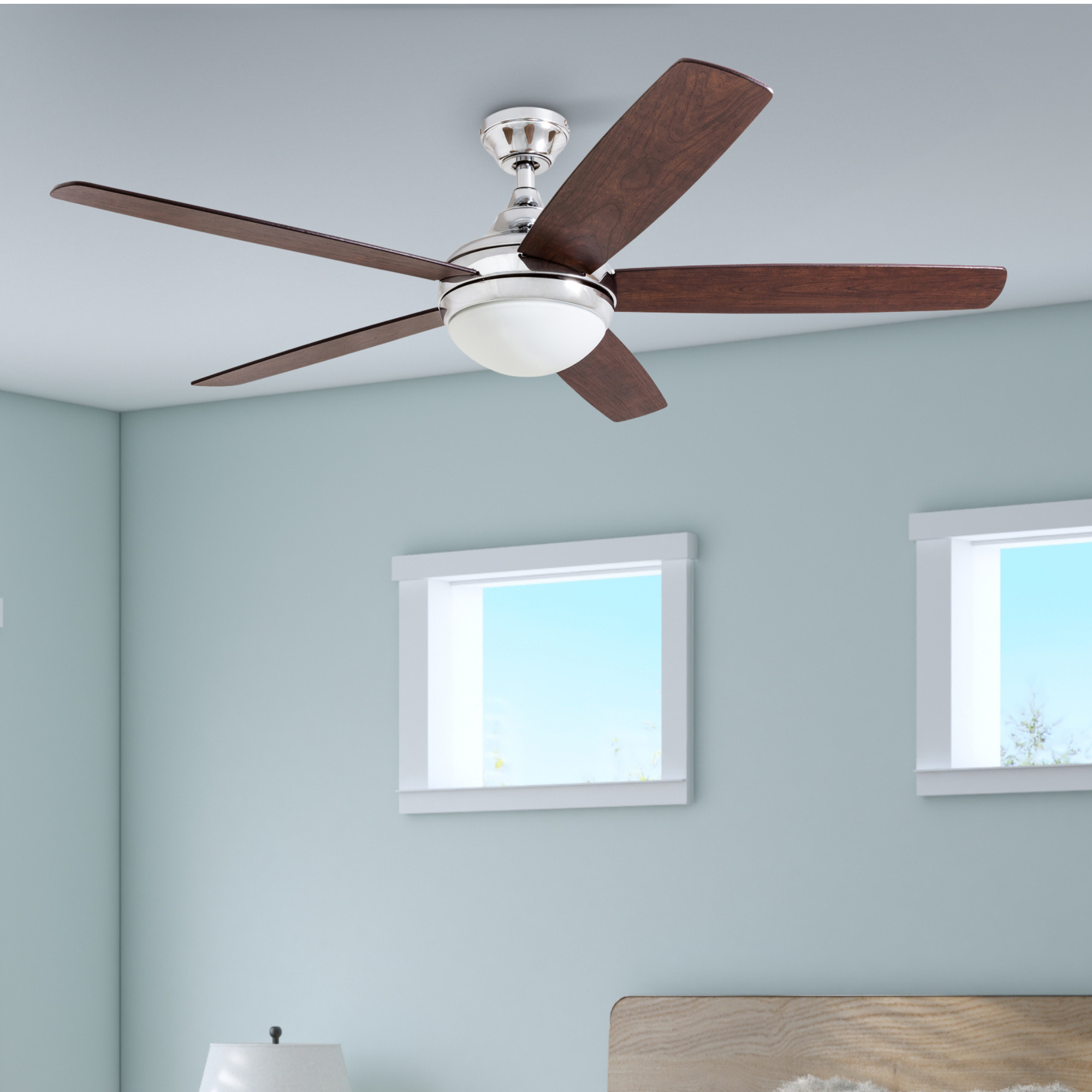 52 Inch Ashby Chrome Remote Control Ceiling Fan with Light Kit - Modern Indoor/Outdoor Cooling for Living Room, Bedroom, or Patio