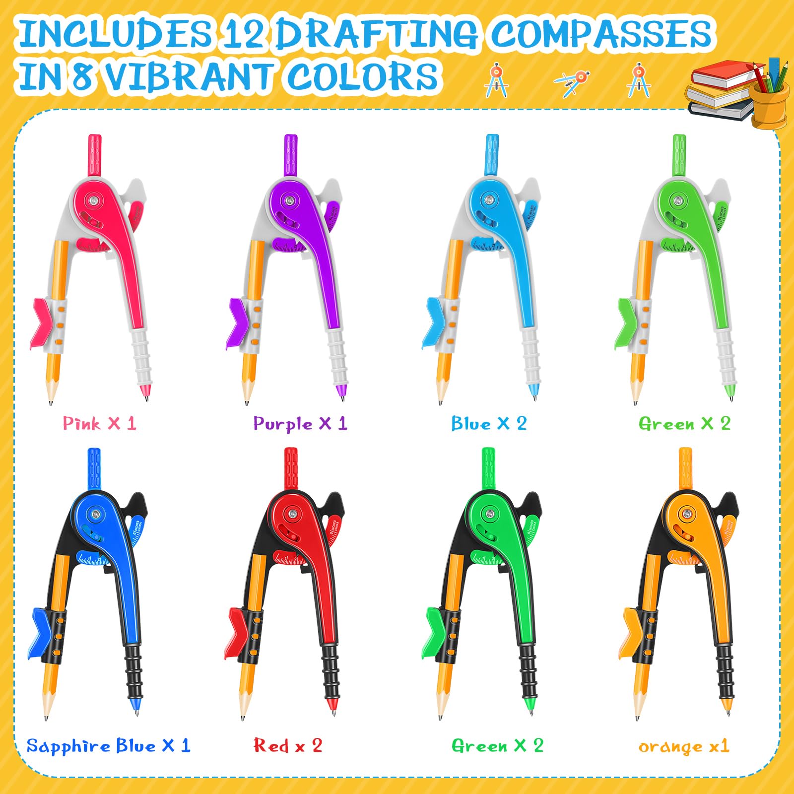 Zonon 12-Piece Student Math Geometry Compass Set - 6 Inch Plastic Drawing Compass with Pencils, Bright Colors, Precision Tool for School & Office - Perfect for Geometry Class, Engineering Drawings & Art Projects