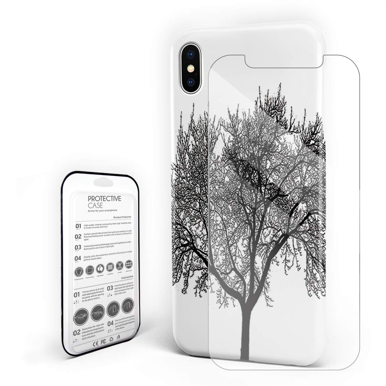 iPhone Xs Max Case - Tree Printed Black & White Hard PC Slim Shockproof Protective Cover with Screen Protector | Perfect for Outdoor Adventures & Daily Protection