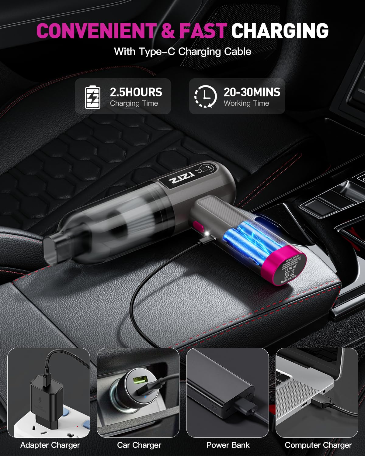 Cordless Handheld Car Vacuum Cleaner - 15000PA High Power Portable Vacuum with 3 Speed Settings, Digital Display & Rechargeable Battery | Perfect for Car Cleaning, Pet Hair Removal & Home Use