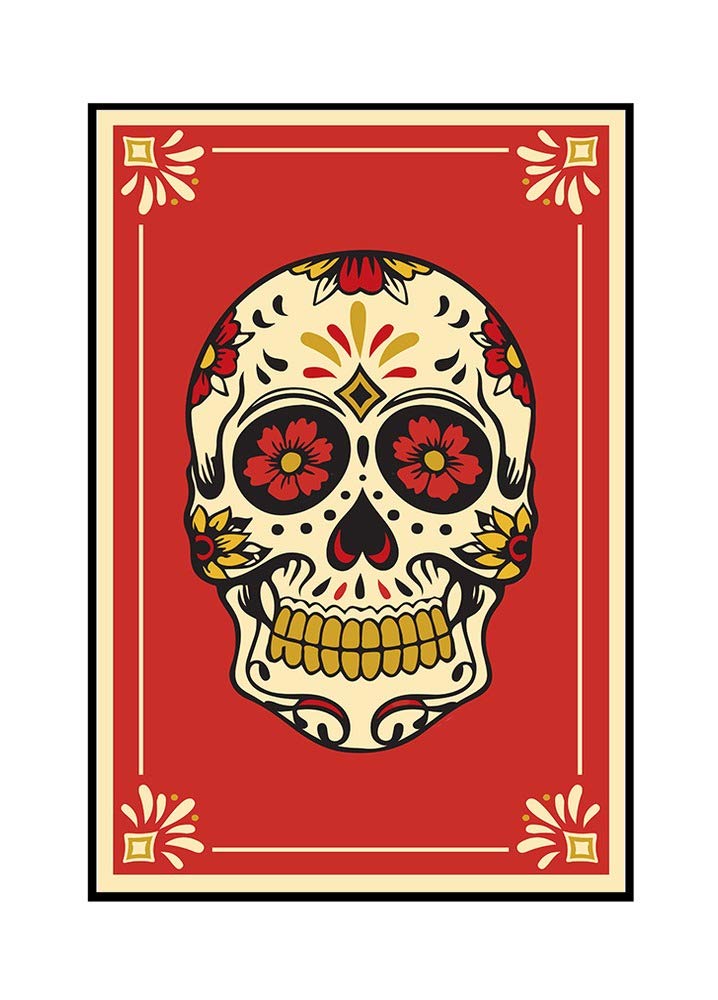 Day of the Dead Sugar Skull & Floral Canvas Wall Art - 24x36 Inch Framed Gallery Wrapped Stretched Canvas Print - Mexican Folk Art Decor for Halloween, Dia de Muertos Celebration & Home Decor