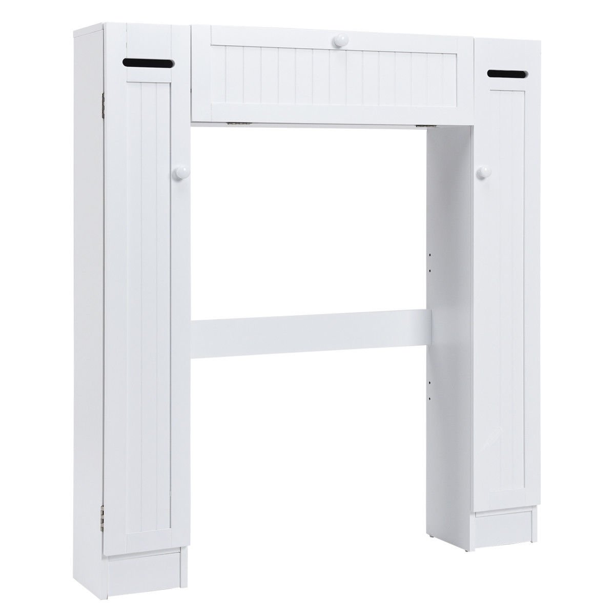 White Wooden Over The Toilet Storage Cabinet with Drop Door - Space Saving Bathroom Organizer for Towels, Toiletries & Cleaning Supplies