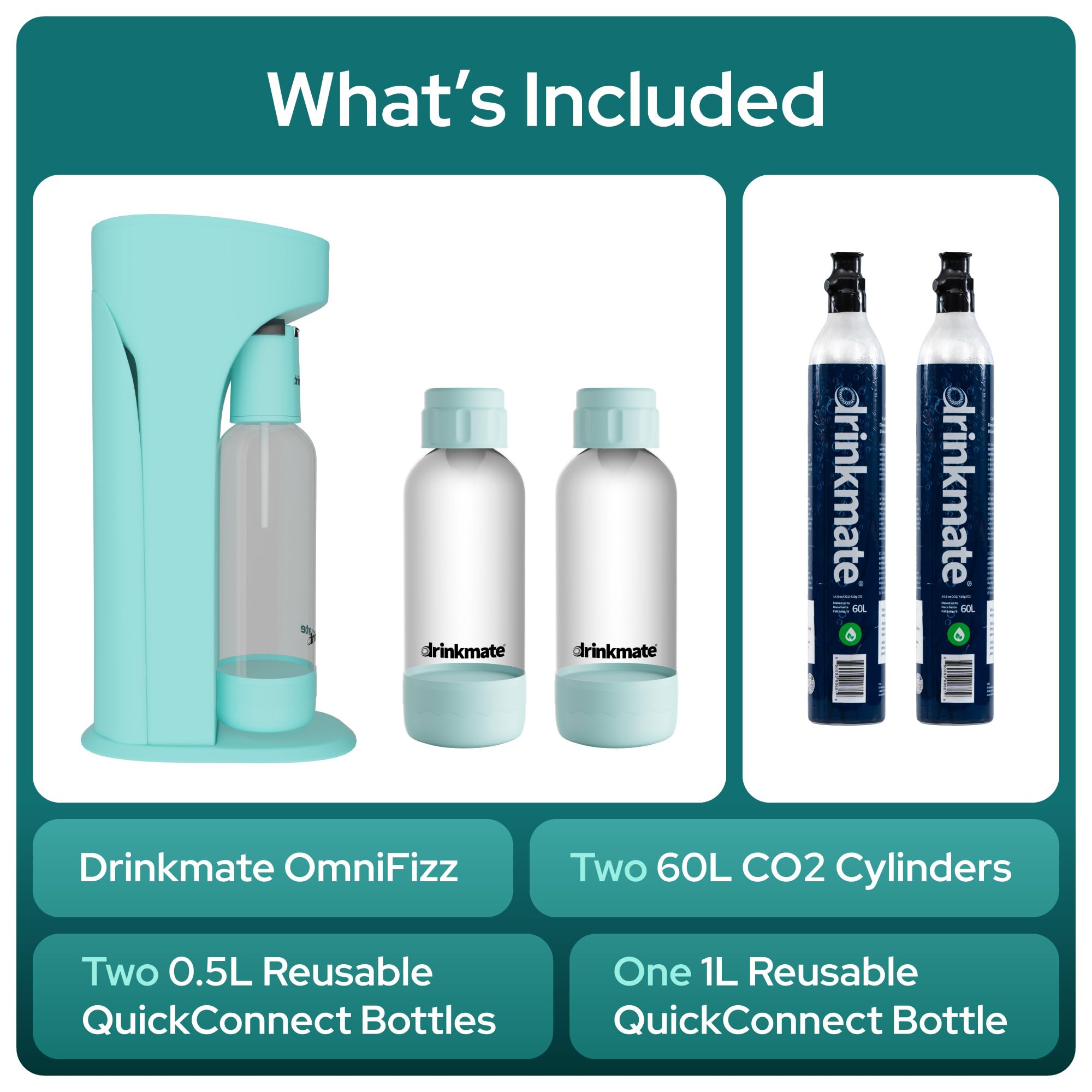 Drinkmate OmniFizz Sparkling Water & Soda Maker Machine - Carbonates Any Beverage with 2x 60L CO2 Cylinders, 3 Carbonation Bottles & 2 Fizz Infusers - Party Pack (Arctic Blue) | Perfect for Home, Office, Parties & Healthy Hydration