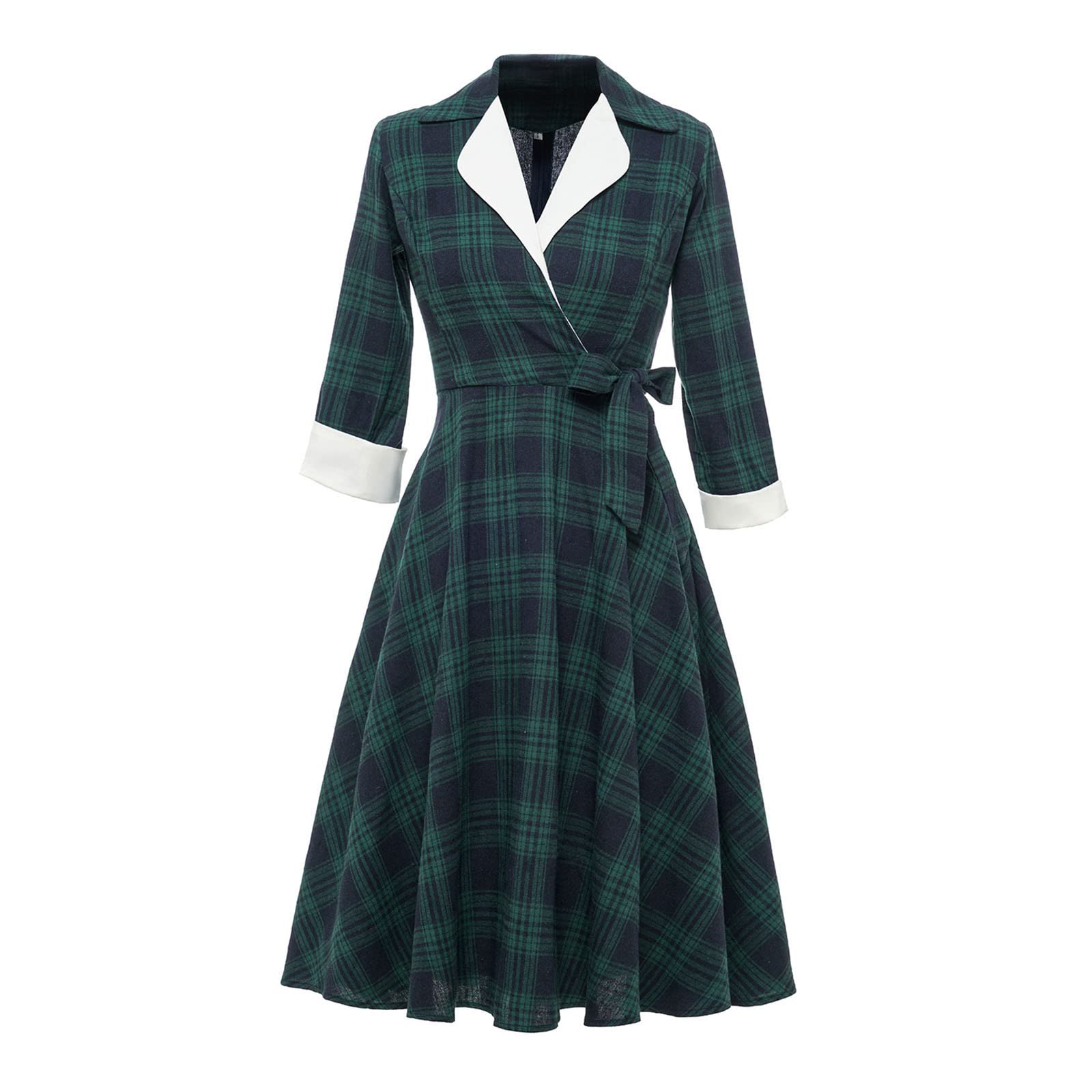 Vintage Hepburn Style 3/4 Sleeve Cocktail Dress for Women - Elegant Lapel Plaid Tea Dress for Wedding Guest, Party & Special Occasions