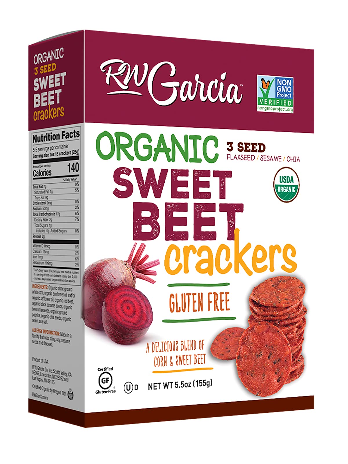 RW Garcia Organic Sweet Beet Crackers - Gluten Free Snacks, 5.5oz (6 Pack) - Healthy Vegan Crackers for Parties, School Lunches & On-the-Go Snacking