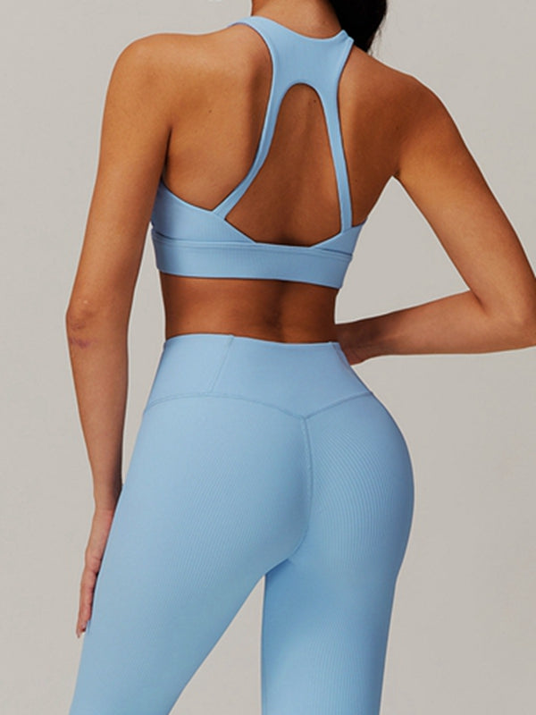 ZASUWA Women's Ribbed Hollow Out Yoga Tracksuit - Breathable Workout Outfit for Gym, Running & Lounge Wear
