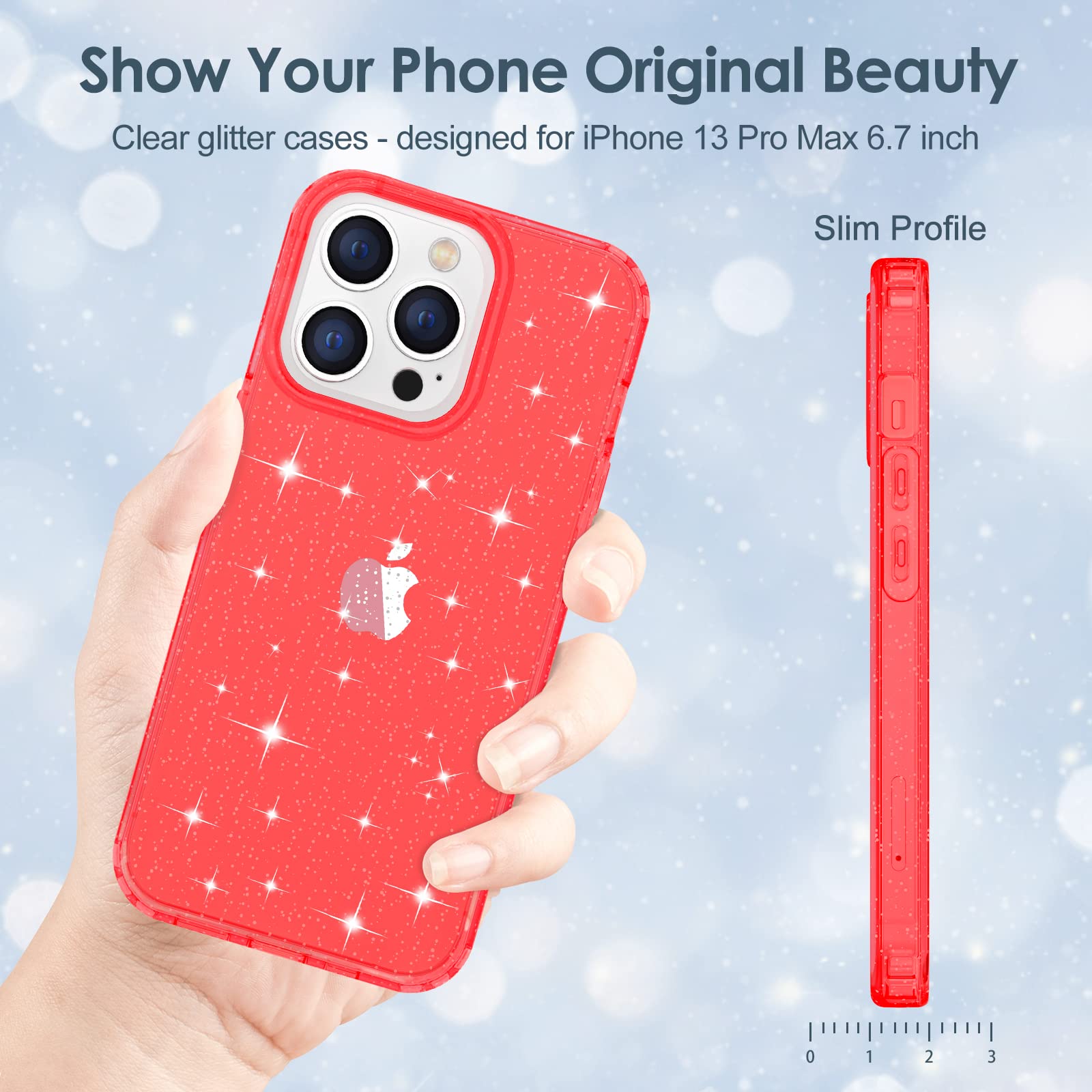 Hython Glitter Case for iPhone 13 Pro Max - Sparkly Clear Bling Shockproof Protective Cover | Anti-Scratch Hard PC Slim Fit Phone Case for Women & Girls (Red Glitter) | Perfect for Everyday Use, Parties & Gifts