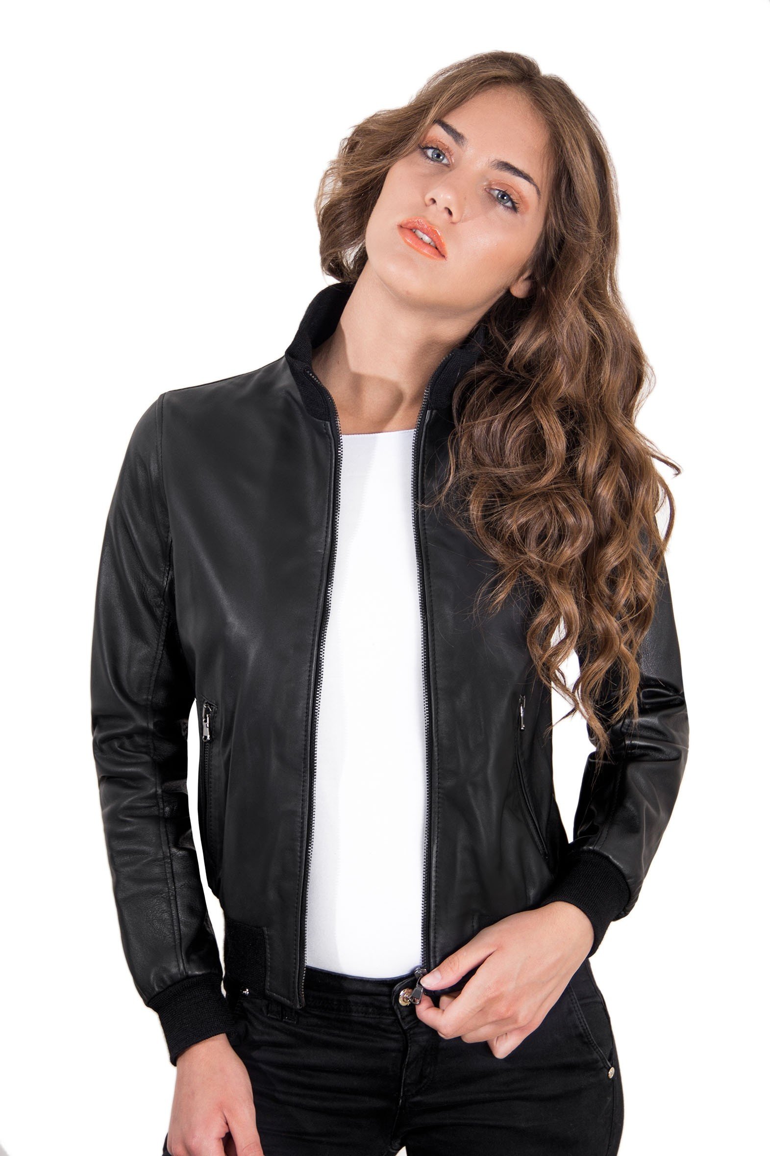 D'Arienzo Black Leather Bomber Jacket for Women | Made in Italy | Spring Motorcycle Jacket | Genuine Leather | Size XXS | Perfect for Casual Outings & Motorcycle Rides