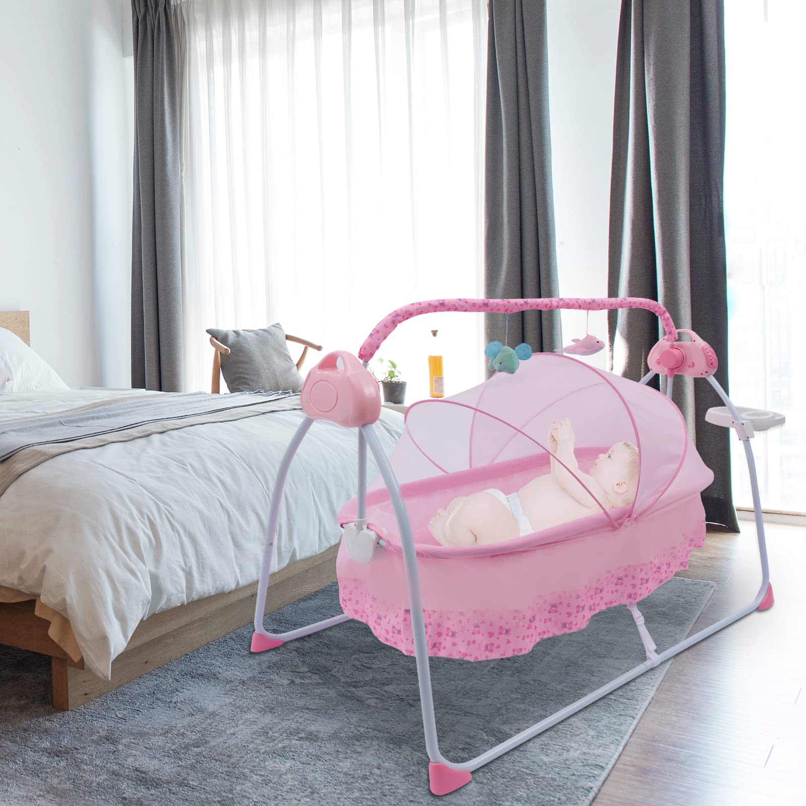Portable Electric Baby Swing Rocker with Remote Control - Foldable Infant to Toddler Rocking Chair with 5 Adjustable Speeds, Music, Timer & Pink Stand - Perfect for Nursery, Travel & Soothing Fussy Babies