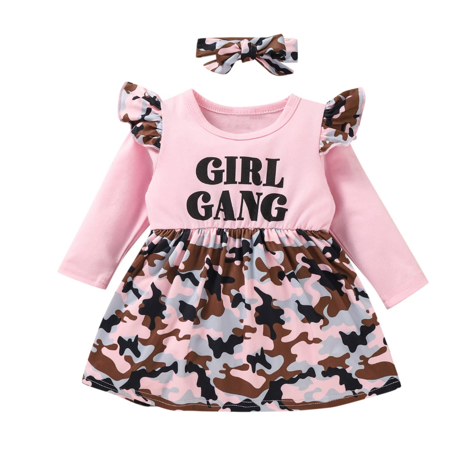 Baby Girls' Fall Outfits - Long Sleeve Ruffled Camouflage Patchwork Princess Dress with Headband Set | Perfect for Autumn Photoshoots, Birthday Parties & Holiday Dressing