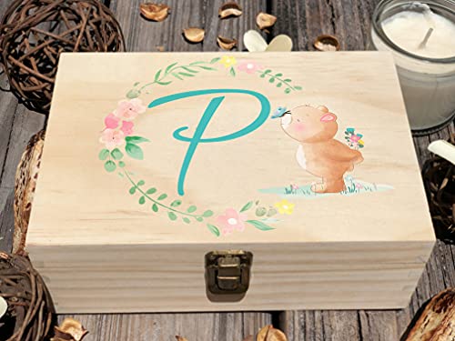 Personalized Baby Keepsake Box - Initial P Wooden Memory Gift for Kids Birthday & Christmas